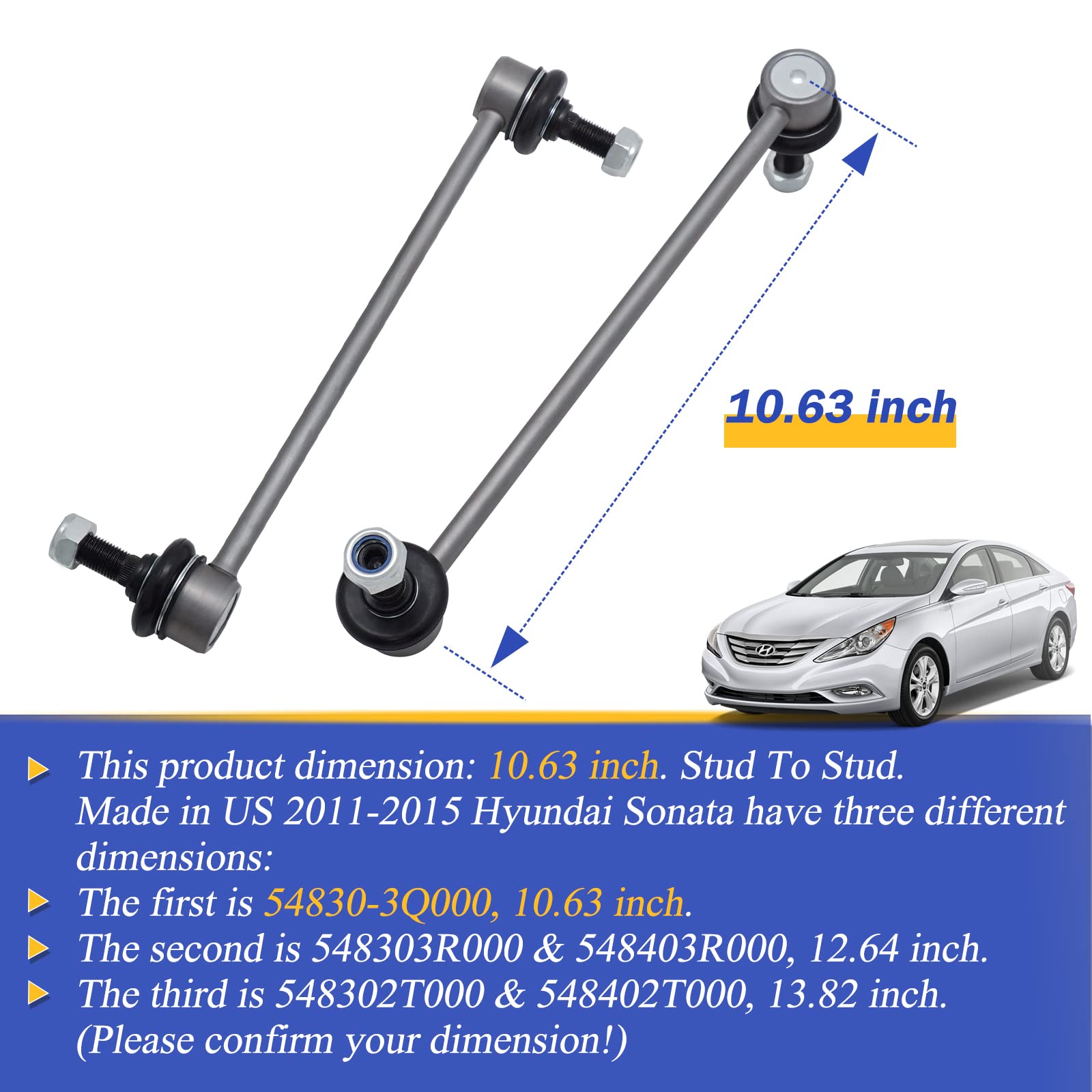 10.63 Zinc-Nickel Alloy Front Left & Right Stabilizer Sway Bar Links For Hyundai Azera 12-17, ­Sonata 12-15, Kia Cadenza 14-16, Optima 12-16 54830-3Q000