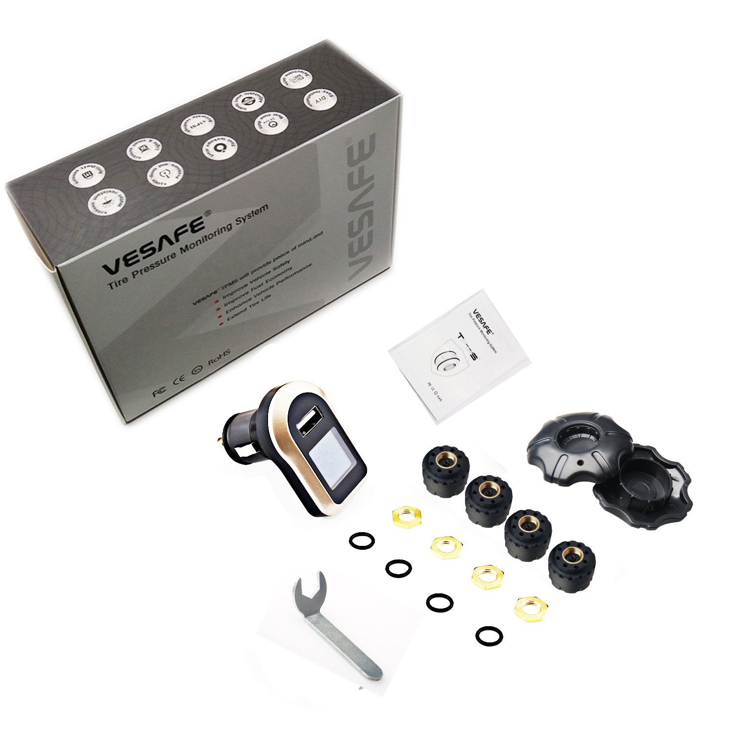 Vesafe Wireless Tire Pressure Monitoring System, Universal Tpms With Real-Time Lcd Display, 5 Alarm Modes, 4 Advanced Waterproof