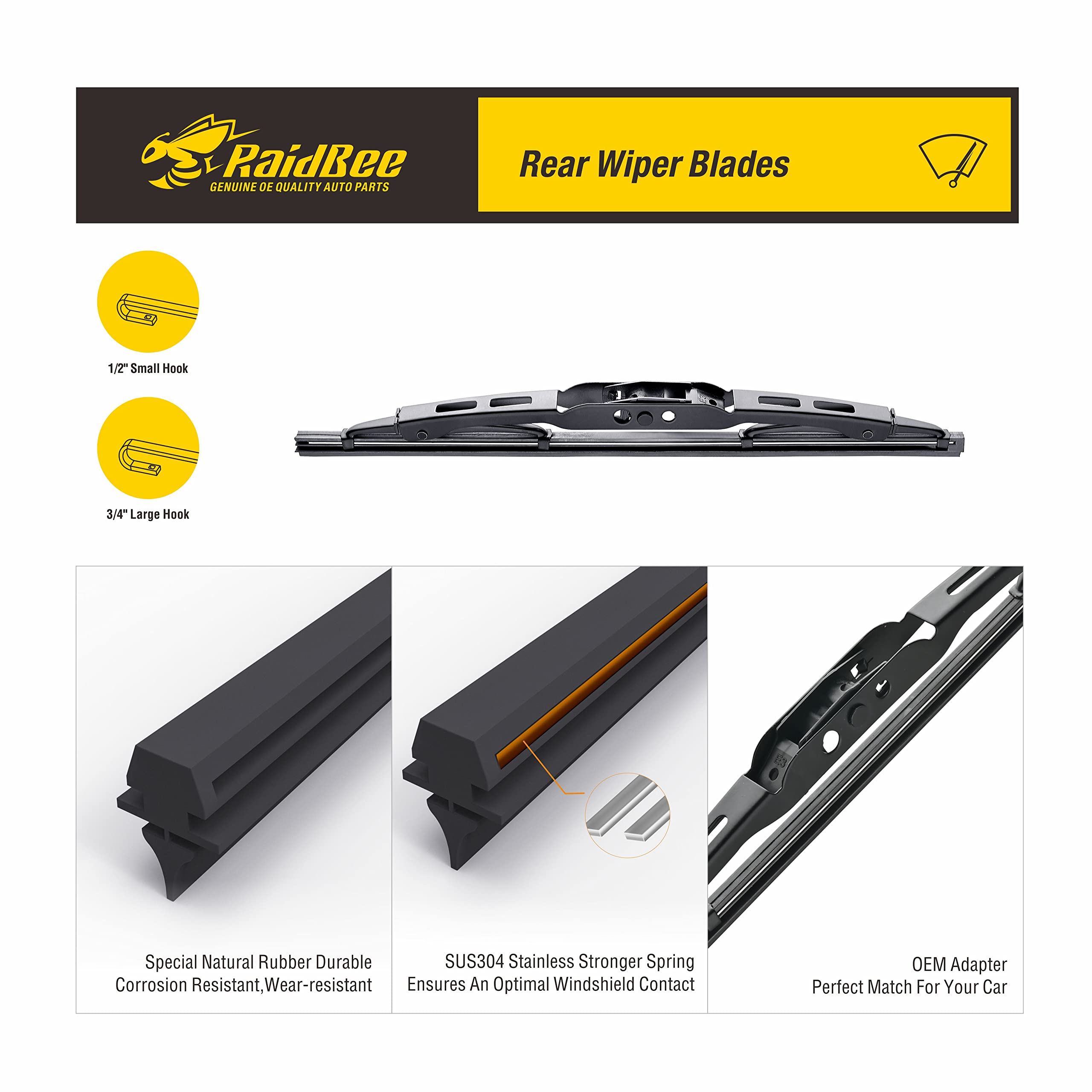 Raidbee Rear Wiper Blade 10 Inch, For Ford Escape Focus 2007-2001,For Honda Cr-V 2006-2002,For Jeep Compass Patriot Rear Windshi