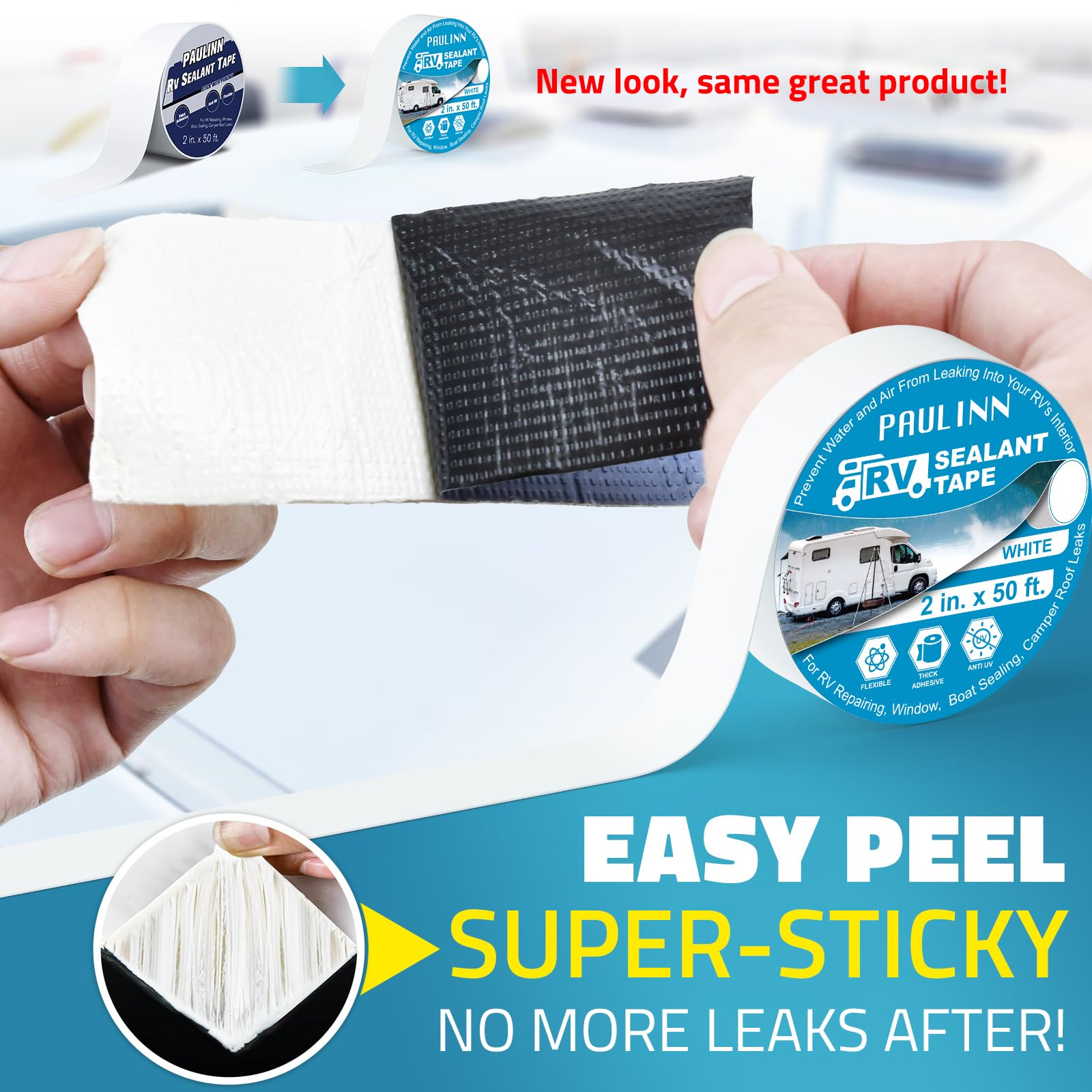 Paulinn Rv Camper Roofing Repair Sealant Tape, 2 Inch X 50 Foot Natural White Trailer Roof Rubber Sealing Tape, Uv & Weatherproo