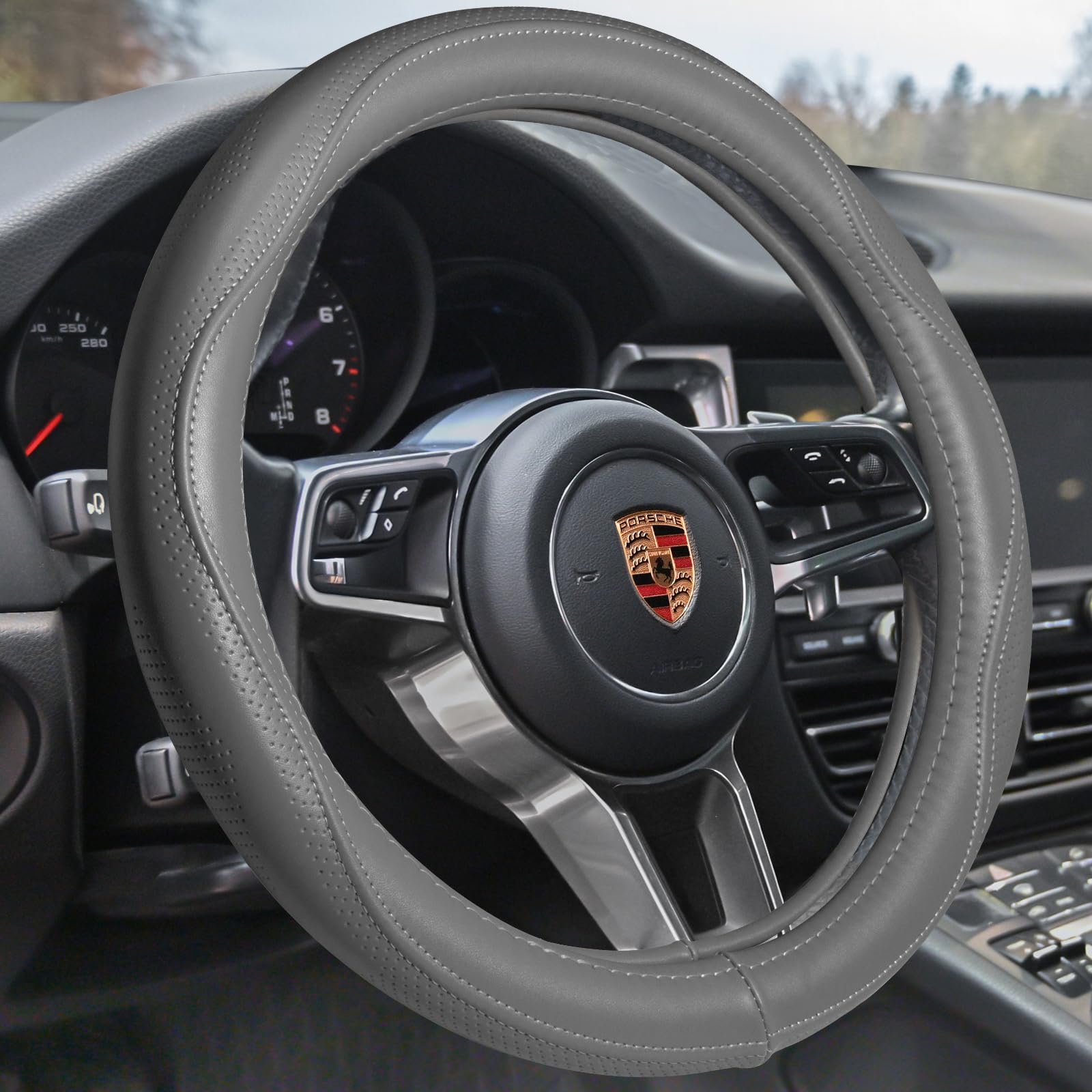HAOKAY Top Grade Gray Genuine Leather Steering Wheel Cover Men Women, Luxury Steering Wheel Cover for Cars, SUVS and Trucks, Universal 14.5-15 inch