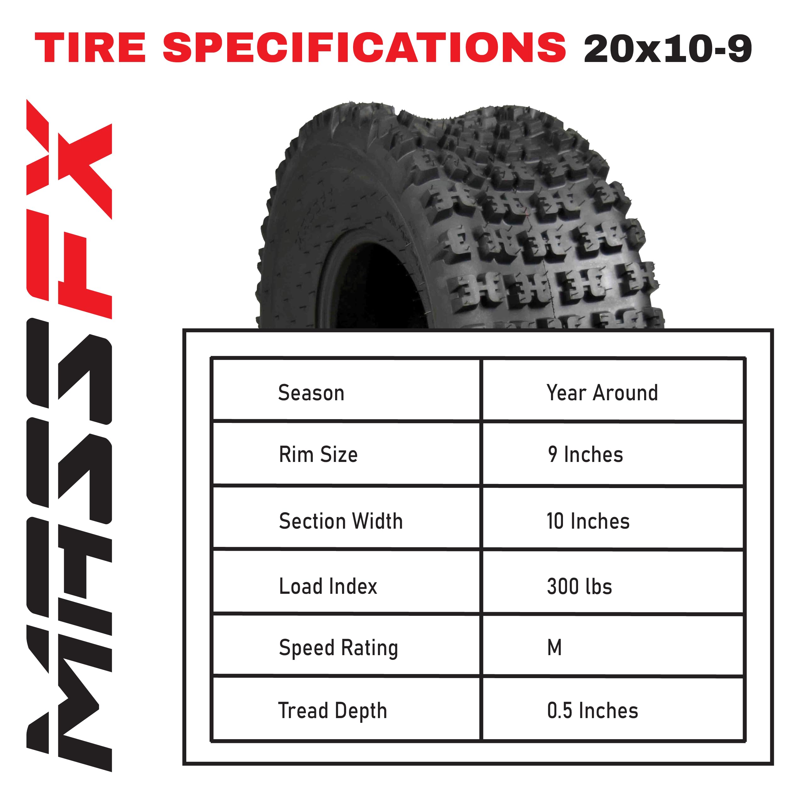 MASSFX Rear Tire Set (2x) 4ply ATV Sport Quad Tires 20X10-9 Rear Tire 20x10x9 4Ply 20 10 9 Compatible with Honda 400ex TRX 450r raptor 660 raptor 700 raptor 250 raptor 350 KFX 400 yfz 450, set of 2