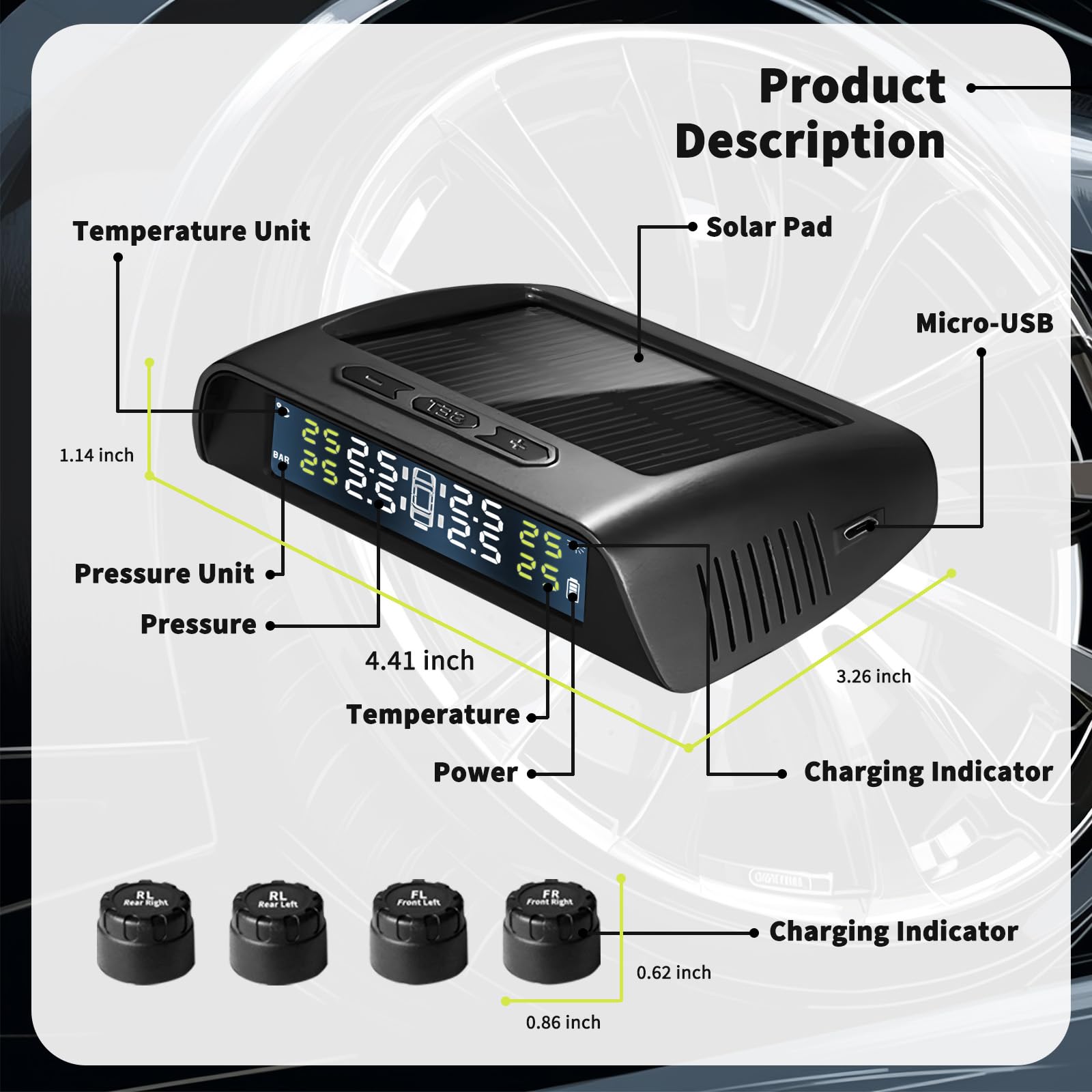 Cozy Blue Solar Powered TPMS Tire Pressure Monitoring System - TPMS for Car and SUV, Include 4 Sensors, Real-Time Pressure and T