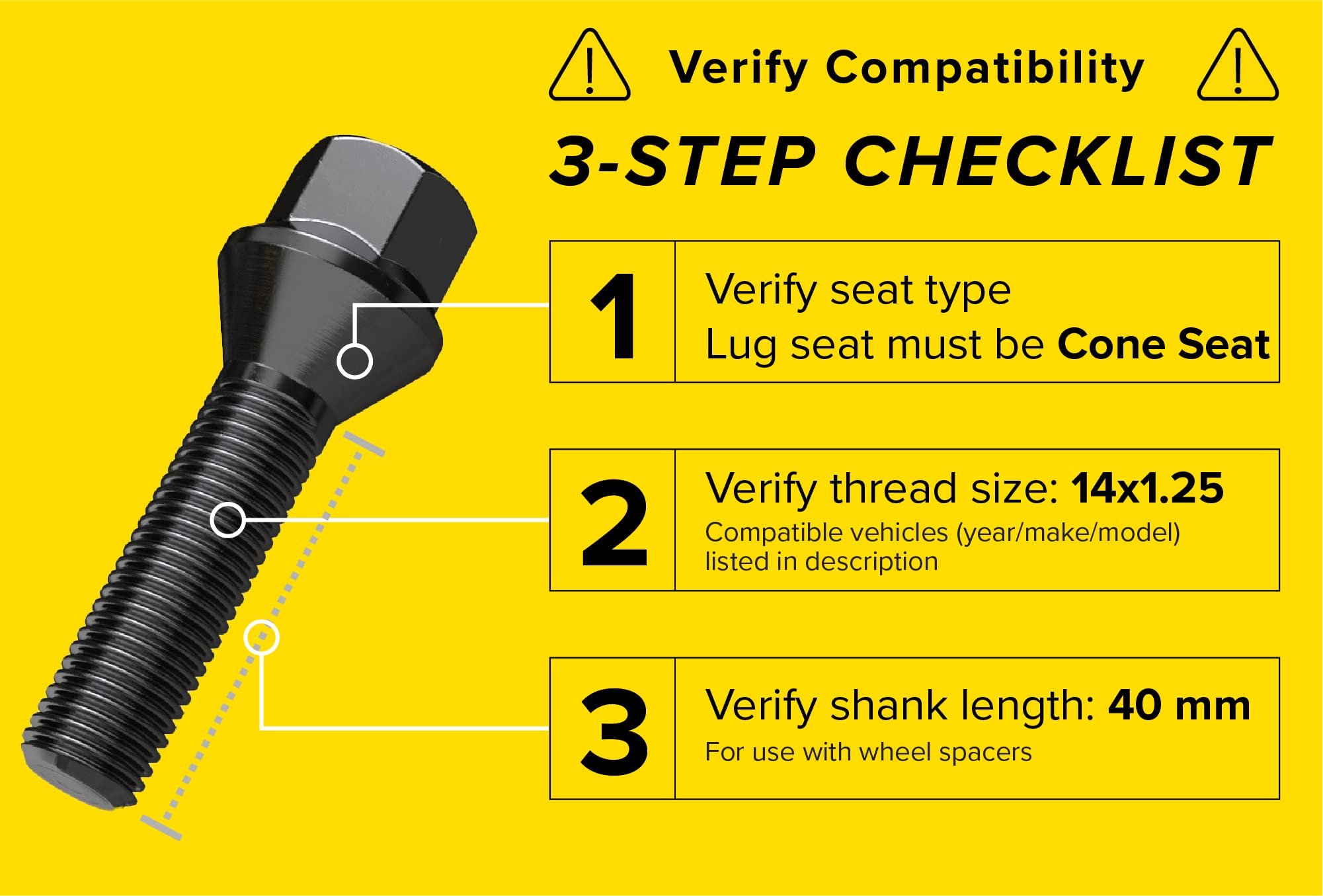 StanceMagic 20pcs Black Extended Lug Bolts 14x1.25, 40mm Shank - Compatible with BMW 228i, 320i, 328i, M3