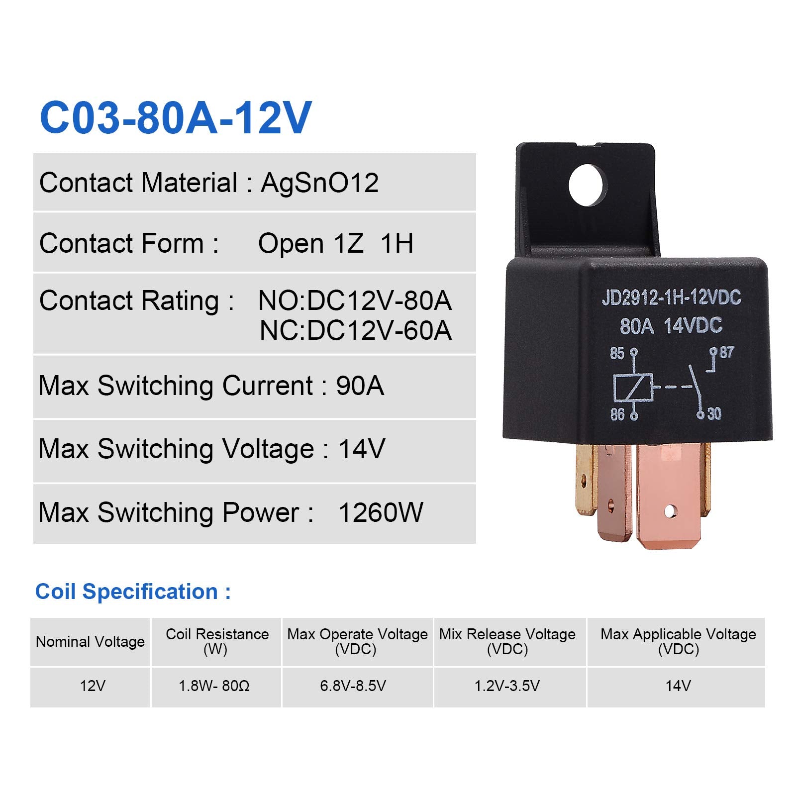 Ehdis 4-Pin Relay 12V 80A Automotive Car Relay On/Off Normally Open Car Truck Boat Spst Relays High Power Model Jd2912-1H-12Vdc
