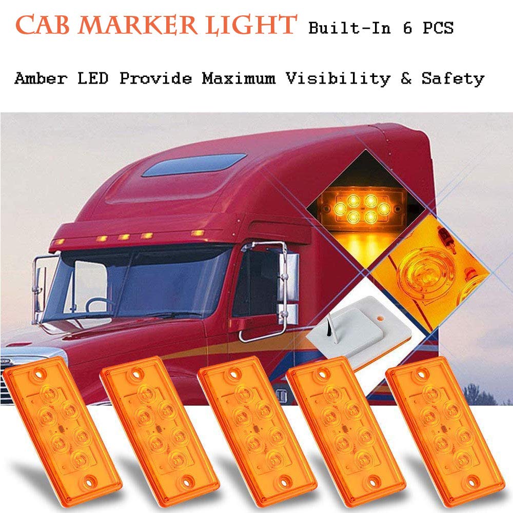Npauto 5Pcs Freightliner Cab Lights 6 Led Amber Roof Top Clearance Marker Lights Compatible For Freightliner Century Columbia Vo
