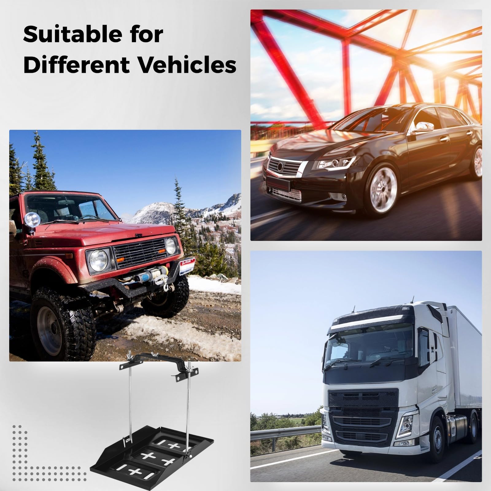 Battery Hold Down Tray Kit, Universal Battery Storage Holder, Metal Battery Tray with Adjustable Bracket Clamp, Rectangular Batt