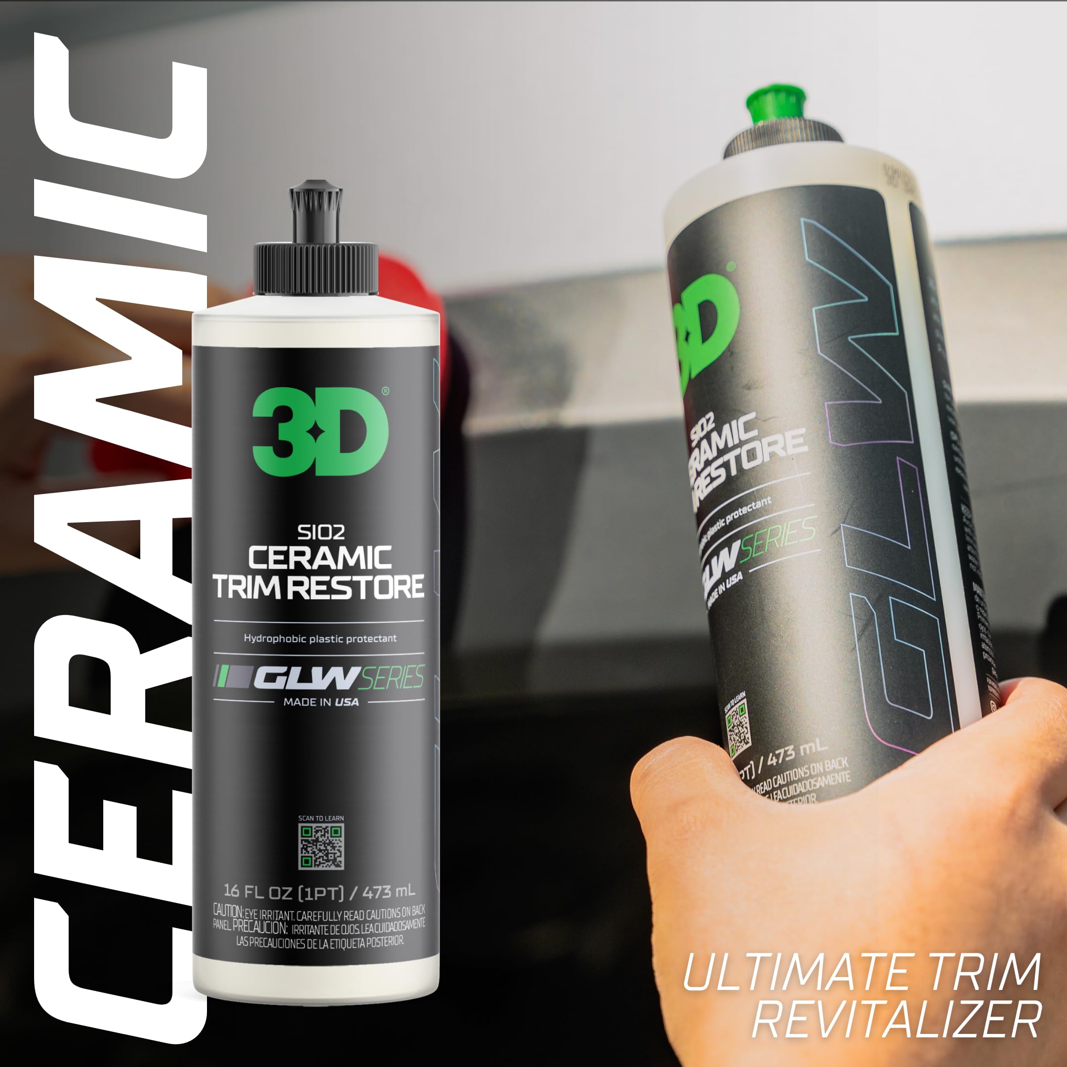 3D Sio2 Ceramic Trim Restore, Glw Series | Ultimate Hydrophobic Trim Reviver | Sio2 Infused Restoring, Shining, & Protecting | Restores Black Plastic & Vinyl | Diy Car Detailing | 16 Oz