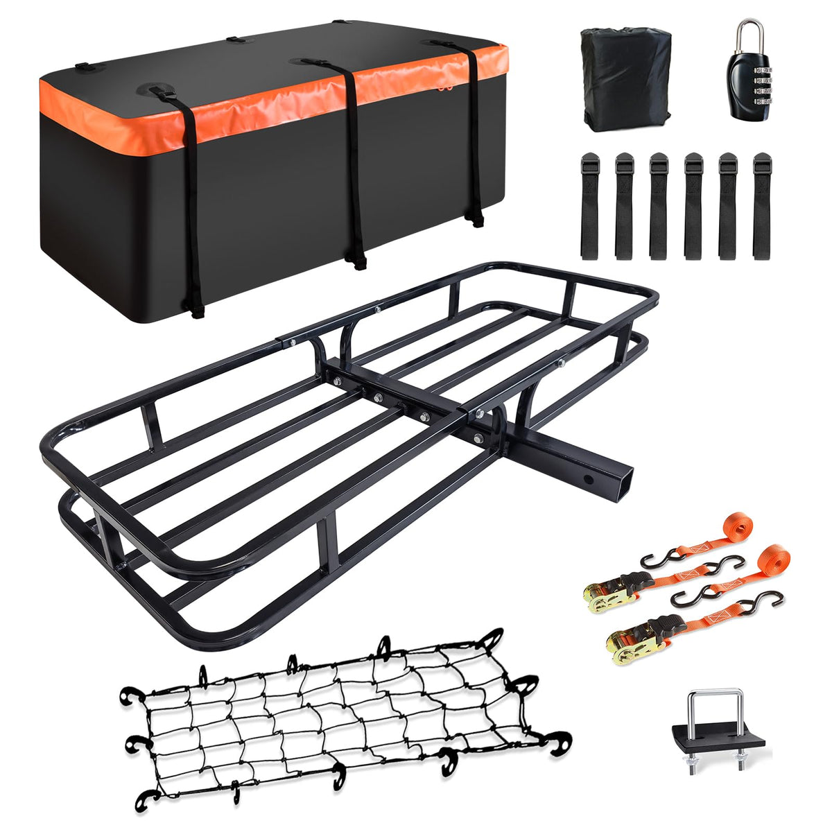 Meefar Hitch Mount Cargo Carrier Basket 53'' X19'' X 5''+Waterproof Cargo Bag 15 Cubic Feet(51'' X17''X 18''),Hauling Weight Cap