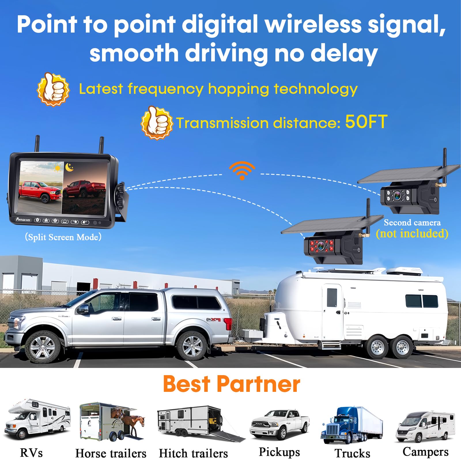 Pemacom Wireless RV Backup Camera - 7 Solar Monitor, HD 1080P, Install-Free, Long Battery Life, Scratch-Proof, Strong Magnetic for Trucks & Campers