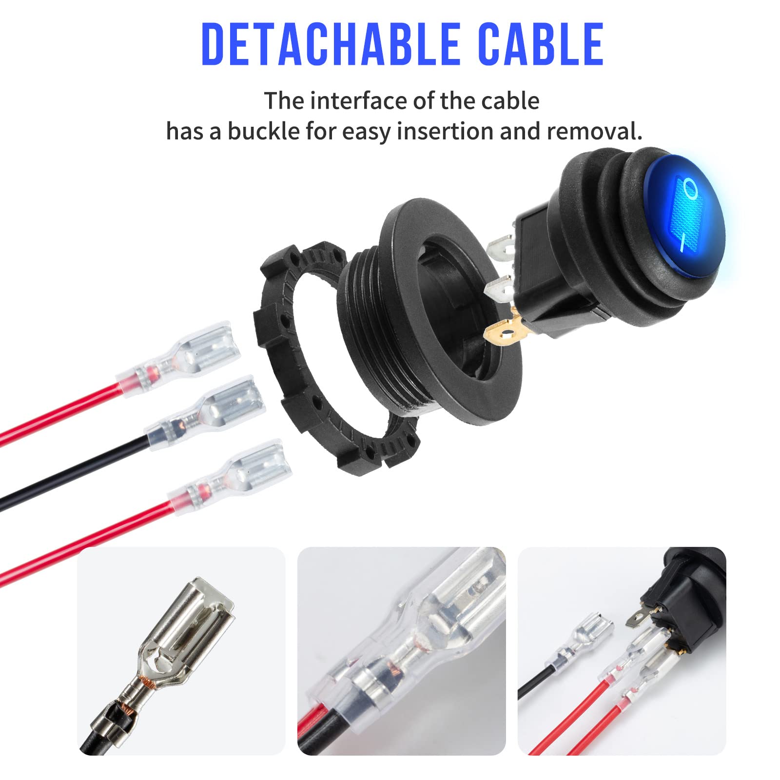 12 Volt Toggle Switch Waterproof 2 PCS, Blue LED Lighted Round Rocker Switch Panel with 6 Hot-Melt Terminals and 20cm Detachable