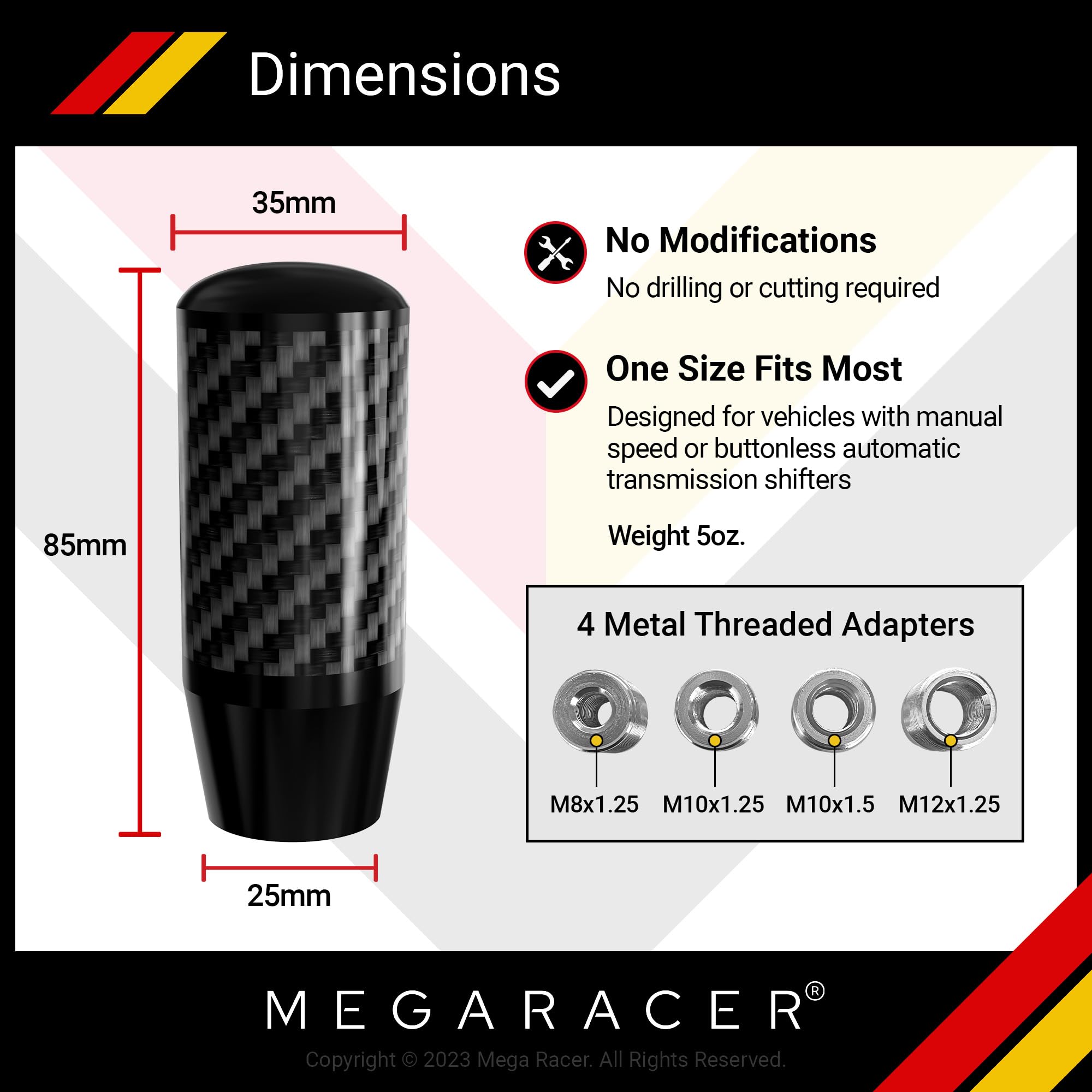Mega Racer Black Carbon Fiber Shift Knob - Metal Threaded Adapter, Buttonless Automatic, 4 5 6 Speed Manual Transmission, JDM Ca