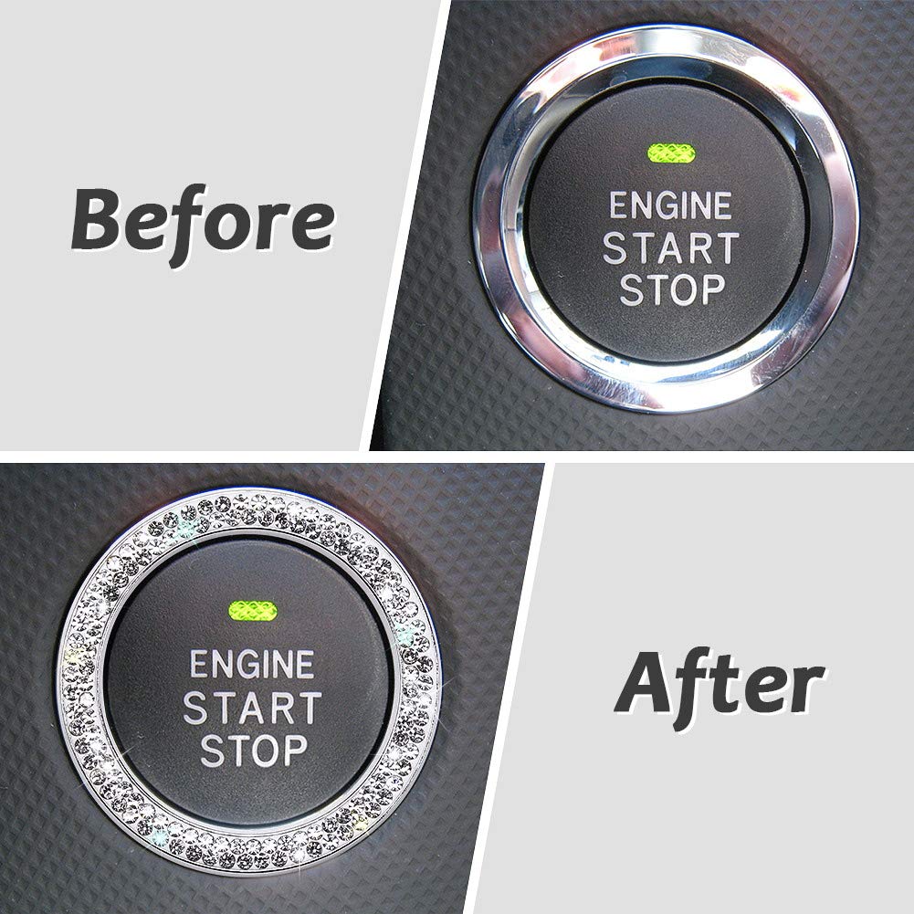 Tobequeen Bling Diamond Push Start Button Cover Ring, Interior Crystal Rhinestone Bling Starter Ring Emblem Sticker, Bling Car A