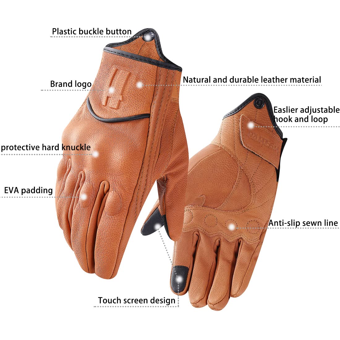 Harssidanzar Mens Full Finger Goatskin Leather Touchscreen Motorcycle Gloves Upgrade Gm028,Tan,Size S