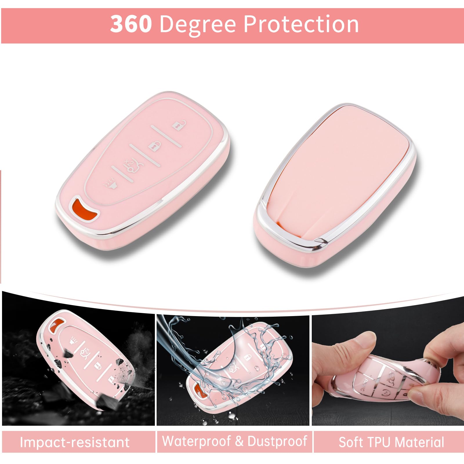 Pangpai Pink Key Fob Cover for Chevy, Soft TPU Key Case Protection with Bling Keychain Fit for Chevy Chevrolet Malibu Equinox Tr