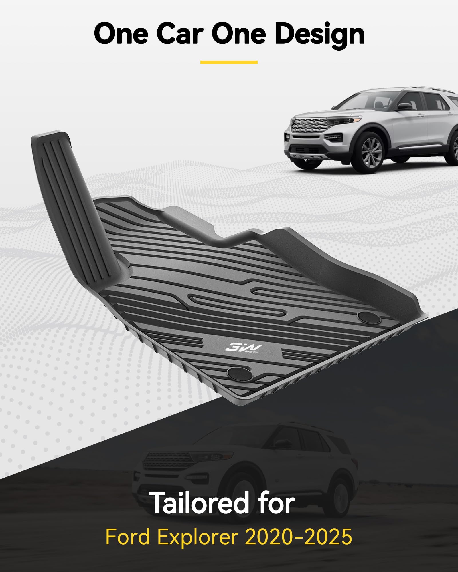 3W Ford Explorer Floor Mats - All Weather Tpe Liners, Custom Fit For 6 Passenger 3-Row Explorer (2020-2025) & Hybrid
