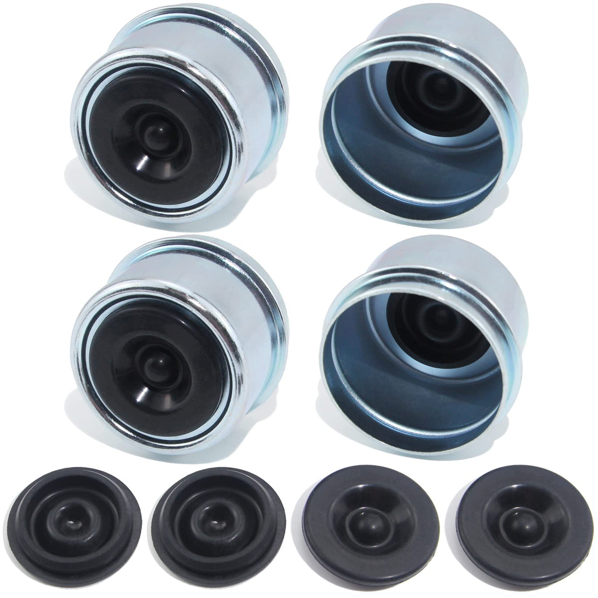 Grepspud 4Pcs 1.98'' Trailer Hub Bearing Dust Caps, Trailer Axle Dust Cap Cup Wheel Center Grease Cover Caps & 4Pcs Extra Rubber