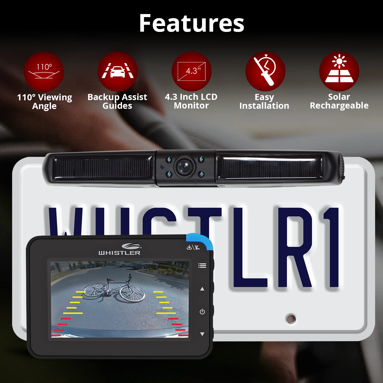 Whistler Backup Camera with 4.3" LCD Monitor, IP65 Weather Resistant, Solar Charging, 110° Wide View, Black