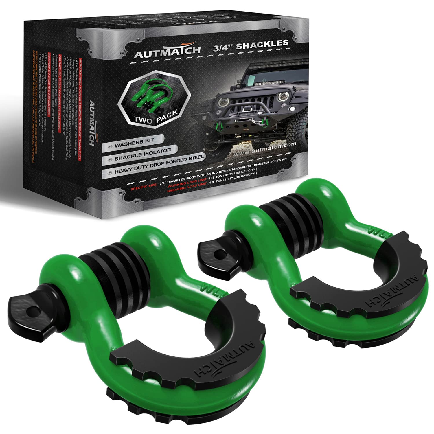 AUTMATCH D Ring Shackle 3/4  Shackles (2 Pack) 41,887Ibs Break Strength, Clevis Shackle with 7/8  Screw Pin and Shackle Isolator