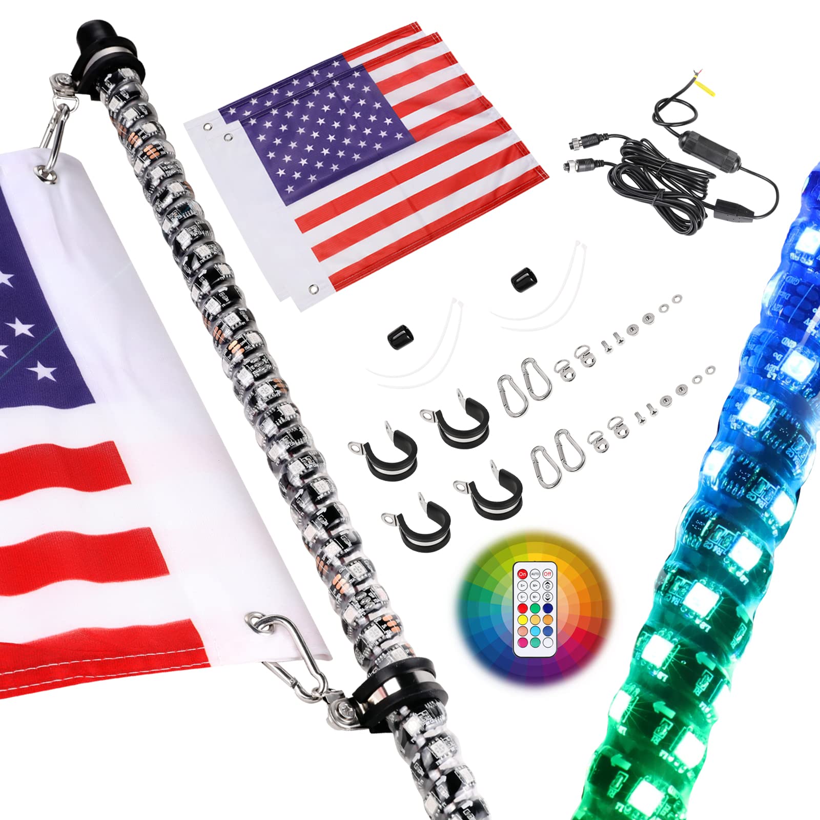 Nirider 2Pcs 5Ft Led Whip Lights With Flag Pole Remote Control Spiral Rgb Chase Light Offroad Warning Lighted Antenna Led Whips