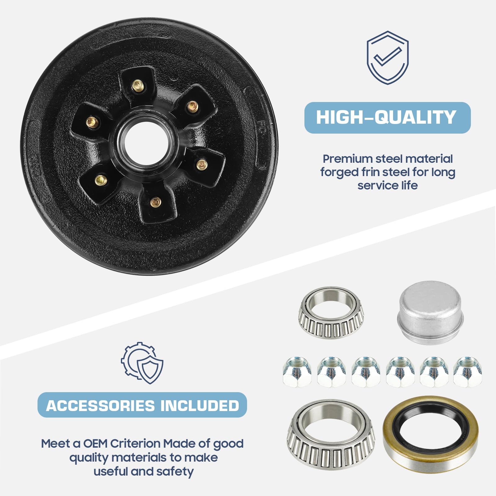 Trailer Brake Drum Kit, 6-Hole, 5.5'' Bolt Circle Brake Drum for 5200 lb, 6000 lb Axles, Replacement Brake Hub Drum Assembly for