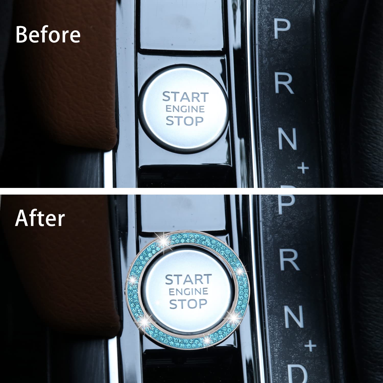 Livtee 2 Pcs Crystal Double Rhinestone Car Engine Start Stop Decoration Ring, Bling Car Interior Accessories For Women, Push To Start Button Cover/Sticker, Key Ignition & Knob Bling Ring, Cyan