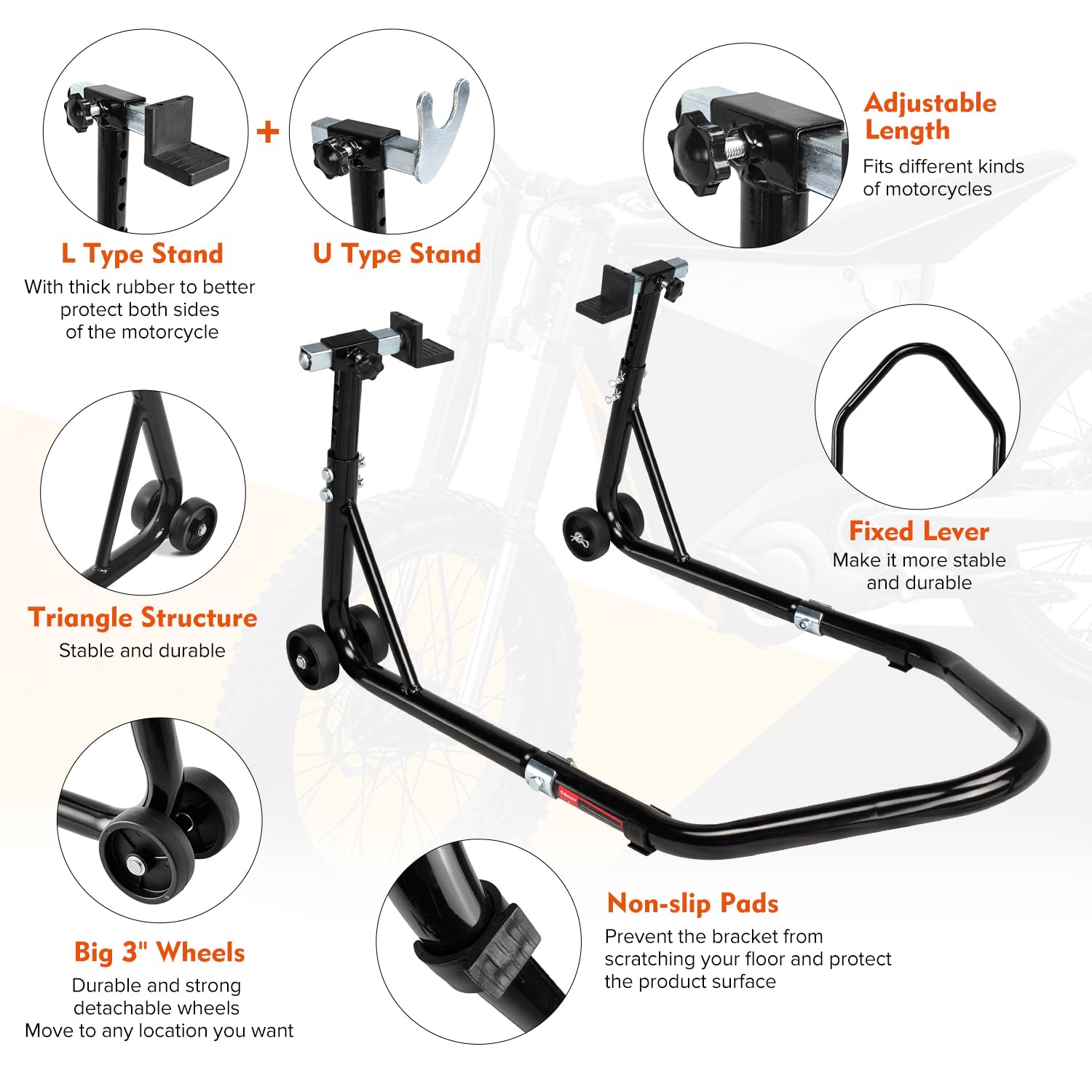 Donext Motorcycle Stand 850Lb Adjustable Sport Bike Rear Wheel Lift Swingarm Paddock Stands Black, 5 Adjustable Heights, U+L