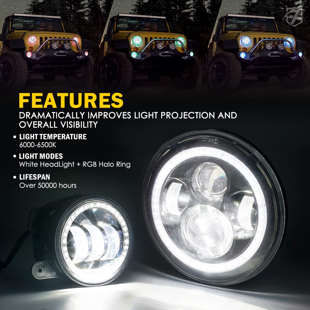 Xprite 7'' Inch Rgb Halo Led Headlights & 4'' Fog Lights Led Combo Headlamp Assembly Dual Controlled Rgb Light Kits Compatible W