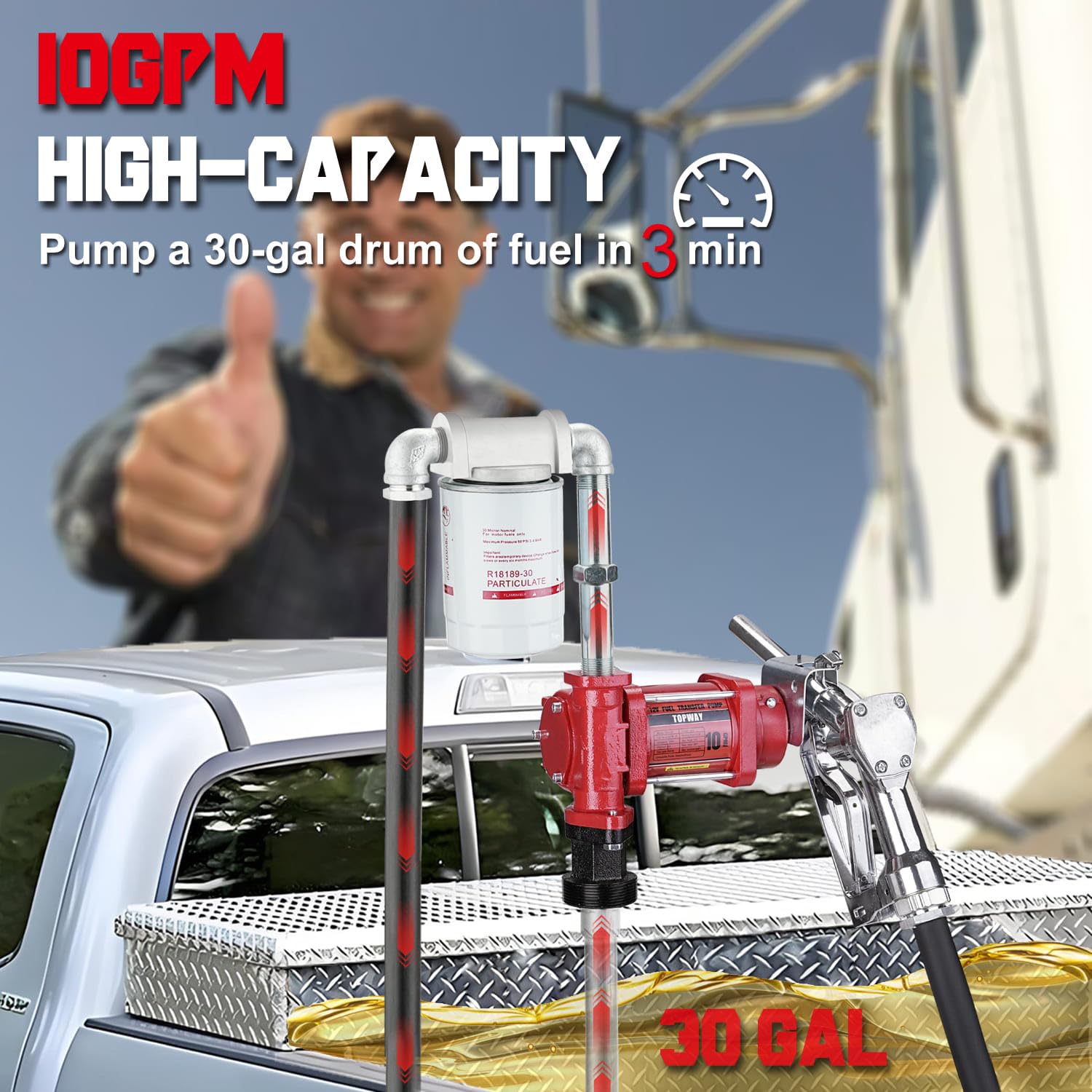 Topway 12V Dc Gasoline Fuel Pump, 10Gpm Self-Priming Oil Transfer Pump Kit With Particulate Filter, Fuel Nozzle, Discharge Hose