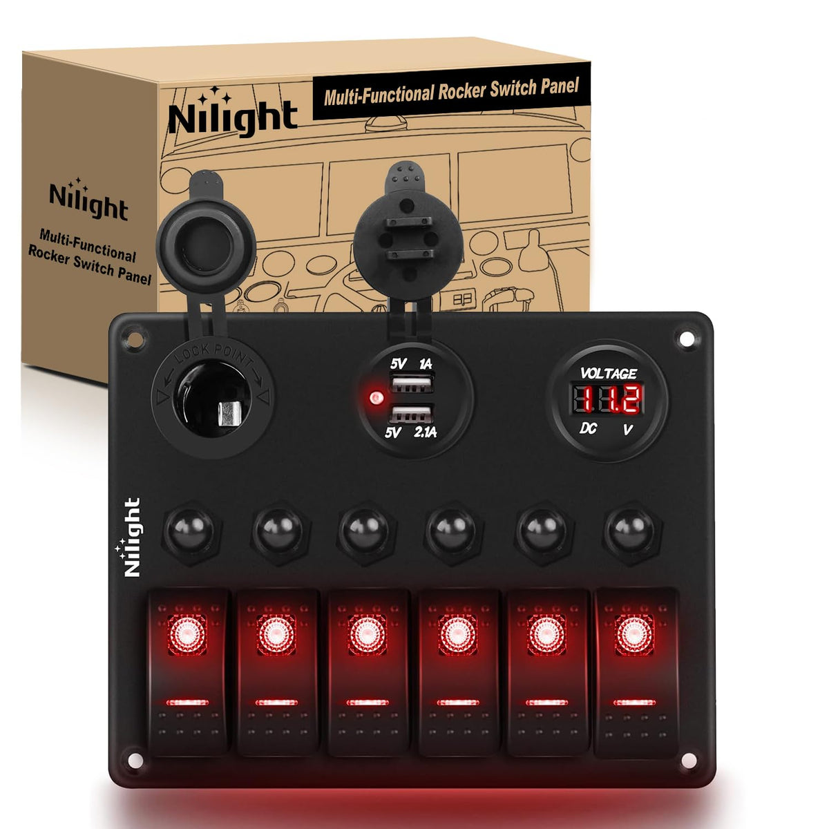 Nilight 6 Gang On Off Rocker Switch Panel Red Backlit 12V 24V Led Digital Voltmeter 3.1A Dual Usb Charger Cigarette Lighter Sock