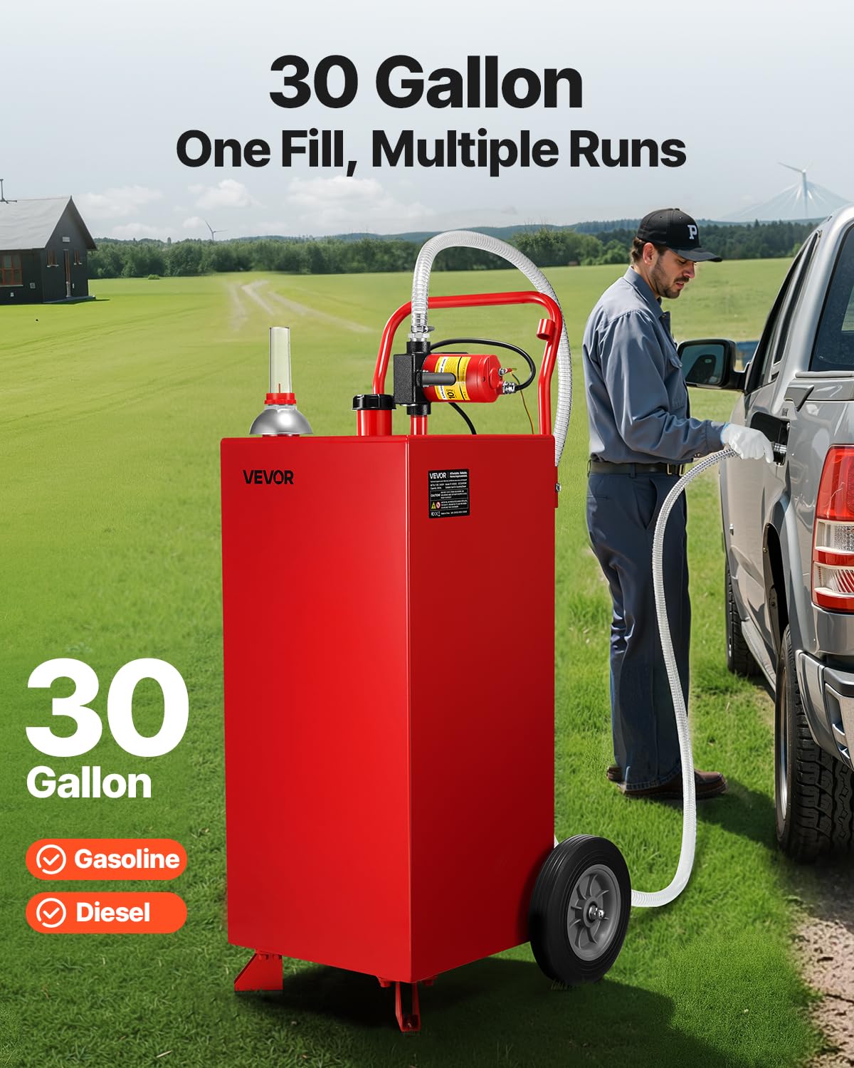 VEVOR 30 Gallon Gas Caddy, Max Flow 32L/min, Diesel Tank with Electric Pump, Diesel Storage Tank with 2 Wheels & 10 ft Hose, Gas