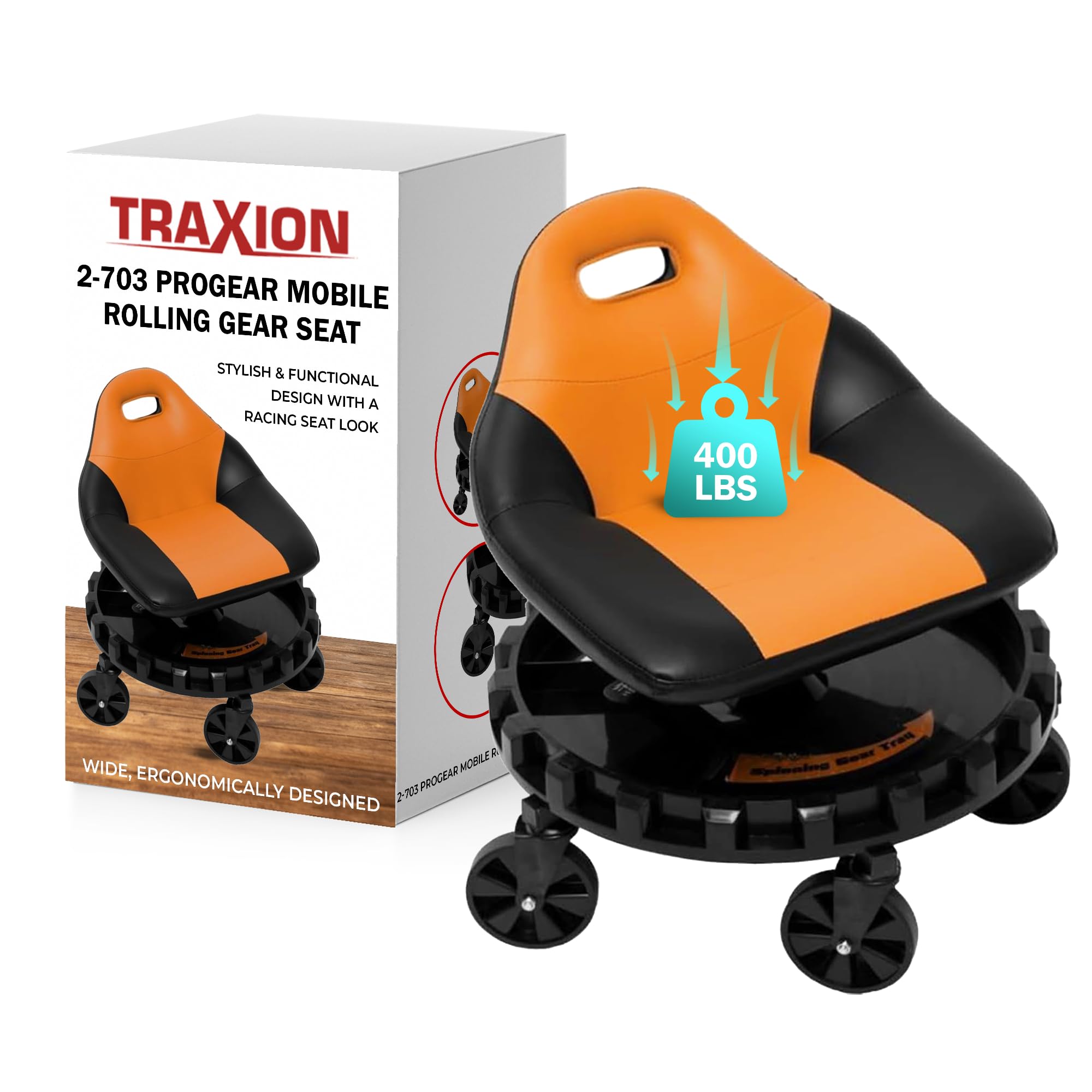 Traxion 400Lb Capacity 2-703 Orange Progear Mobile Rolling Gear Seat With Black Carbon Fiber
