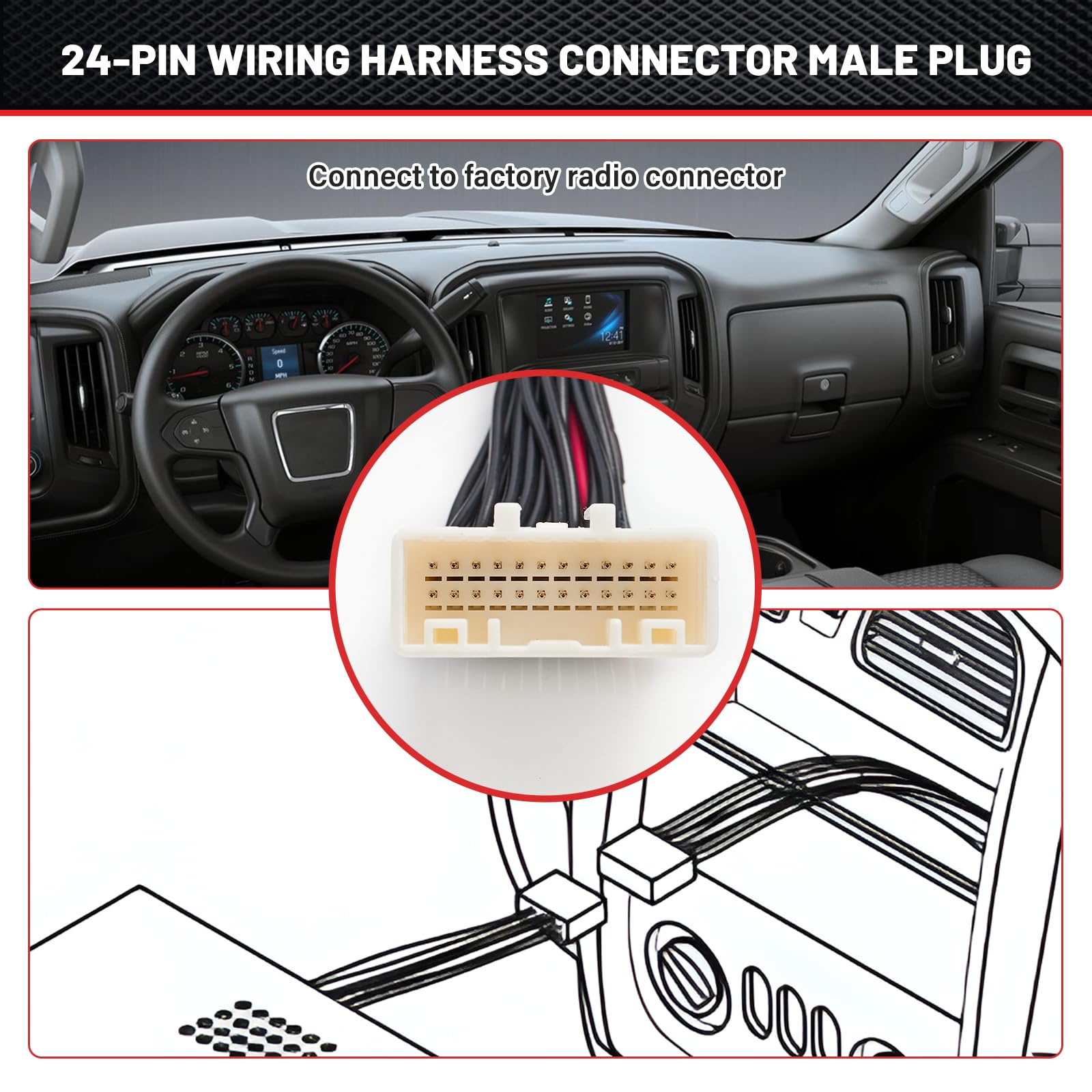 Red Wolf 24 Pins Backup Camera T-Harness For 2014-2019 Toyota 4Runner Tacoma Highlander Sienna Add On Aftermarket Reverse Camera