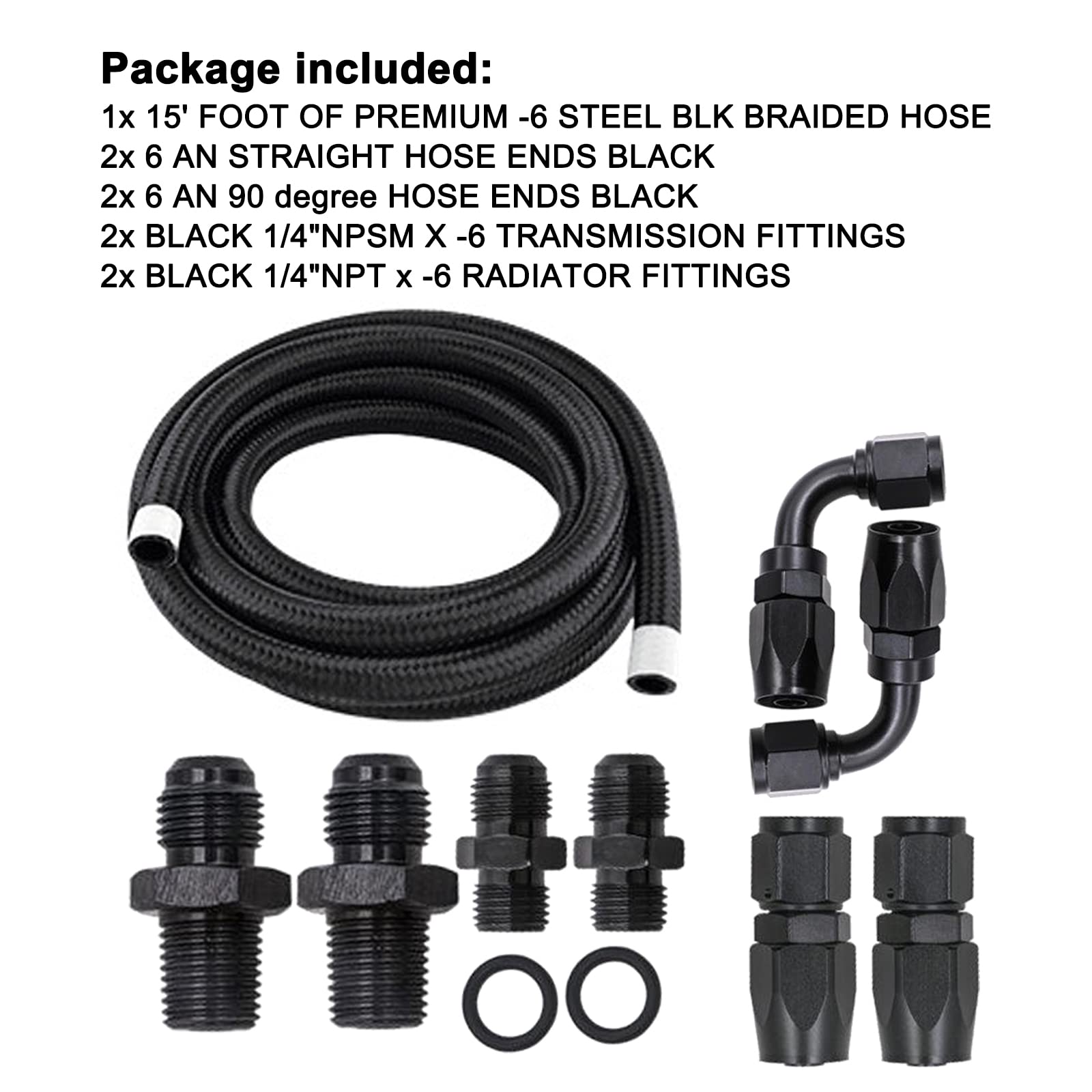 Autoutfit An6 15Ft Automatic Transmission Cooler Line Kit For 4L60E 4L65E - Black Nylon Braided Hose Kit