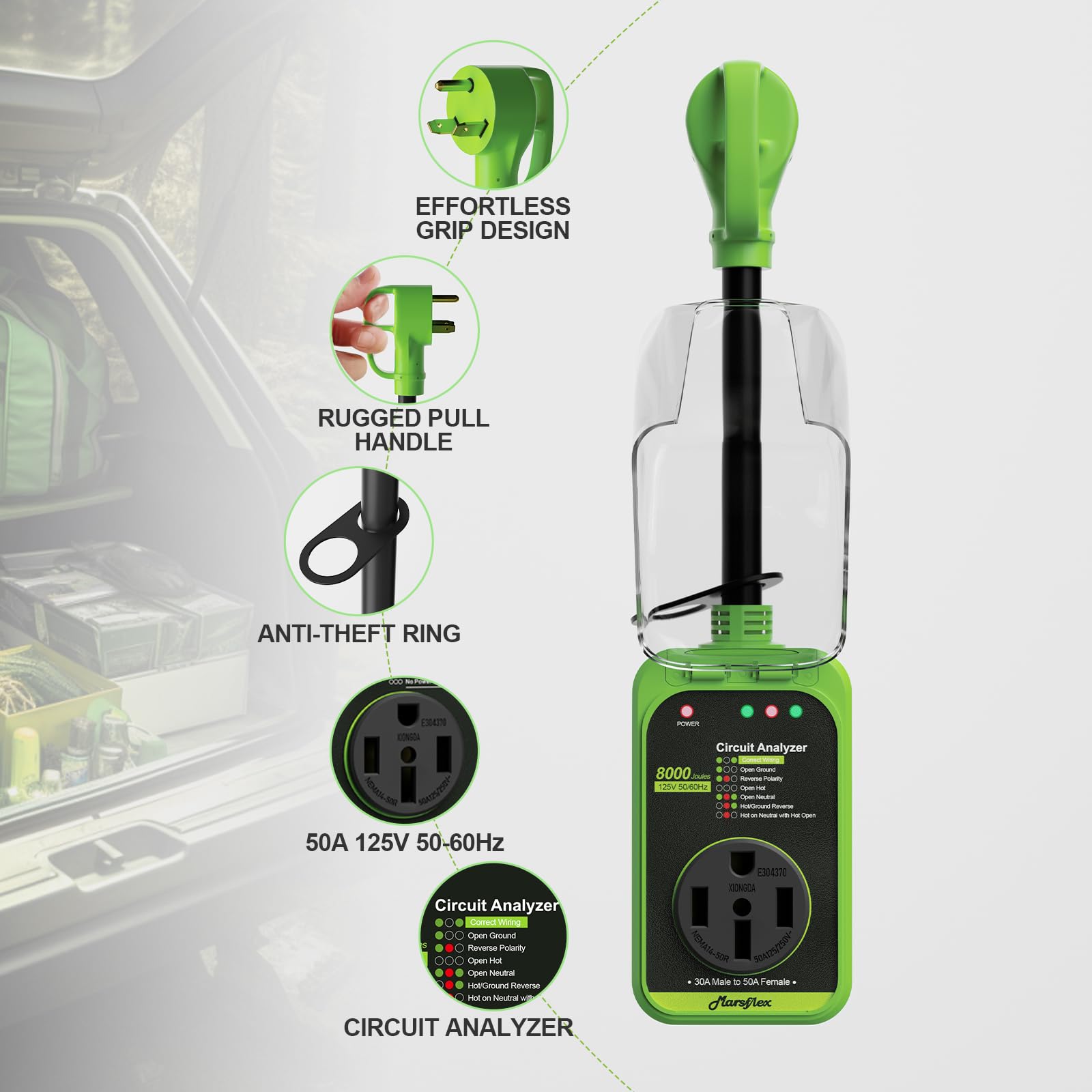 Marsflex Rv Surge Protector, 30 Amp To 50 Amp Rv Circuit Analyzer,8000 Joules Surge Protection With Waterproof Cover, Tt-30P Mal