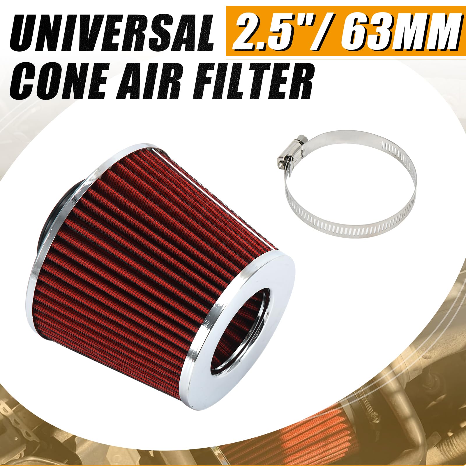Ptnhz Universal Red 2.5'' 63Mm High Flow Cold Air Intake Cone Air Filter Power Intake Air Inlet System Air Cleaner