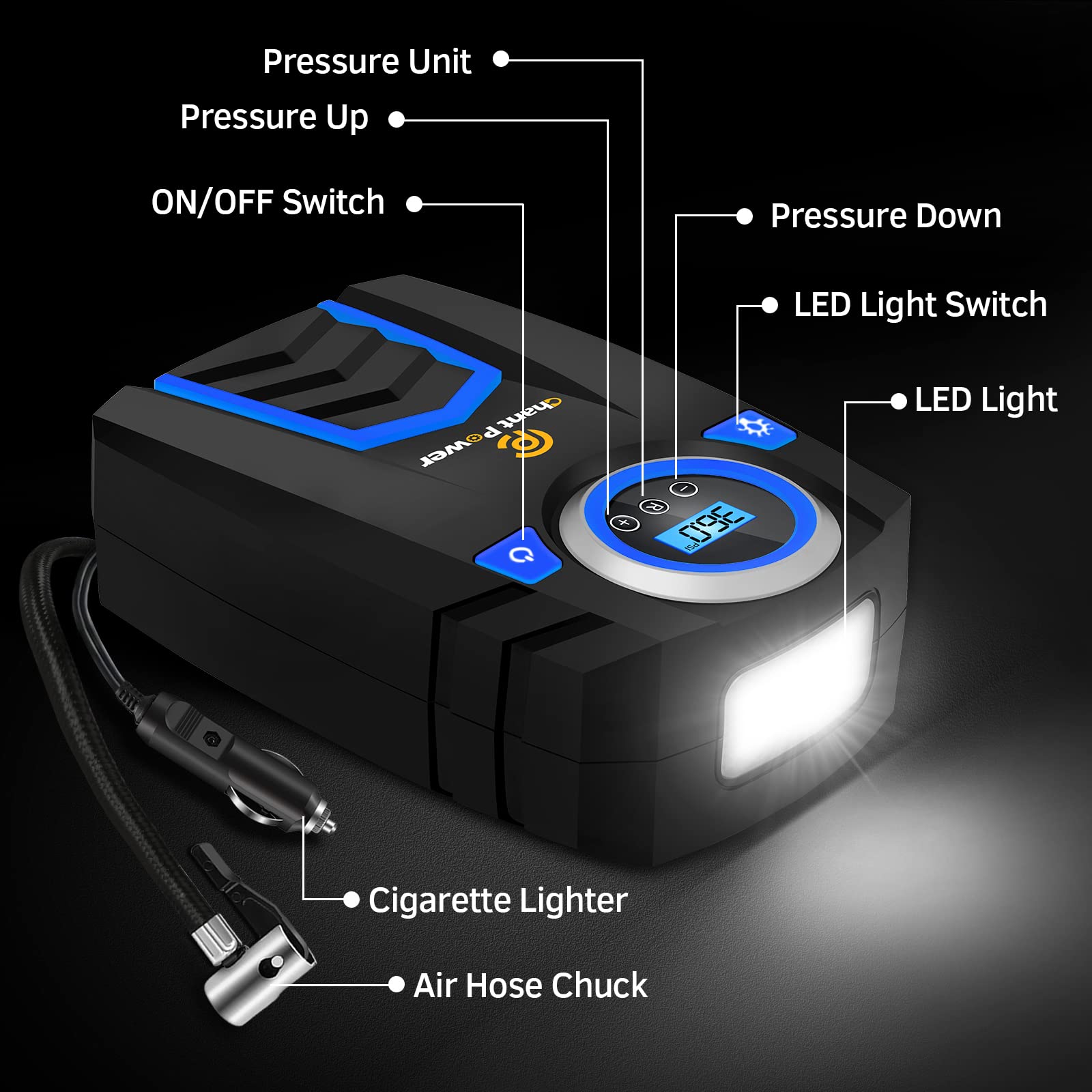 C P Chantpower Air Compressor Tire Inflator,12V Dc Car Tire Pump With Digital Pressure Gauge, 150Psi With Car Power Adaptor, Auto Shut Off For Car Tires, Bicycles And Other Inflatables (2-Blue)