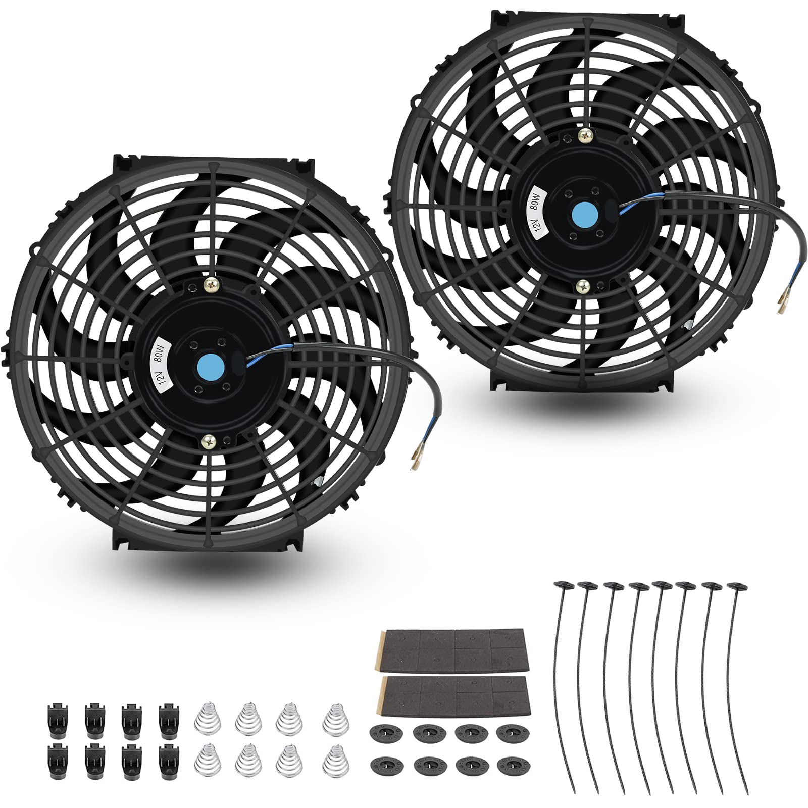 2Pcs 12 Inch Universal Slim Fan Push Pull Electric Radiator Cooling 12V 80W Mount Kit Black