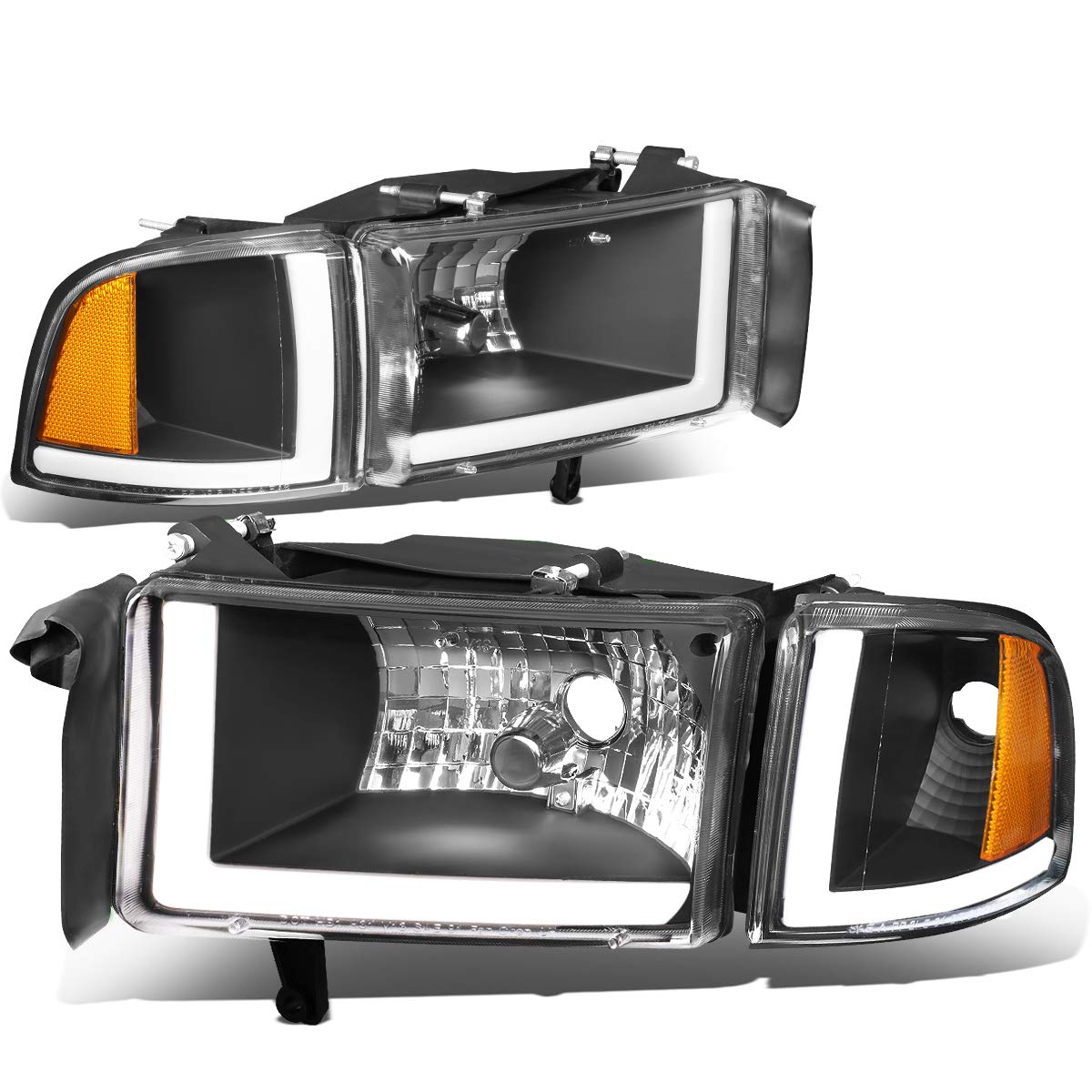 Dna Motoring Hl-Lb2-Dr944-Bk-Am Black Housing Headlights W/Amber Reflector Led Drl Signal Light Compatible With 94-01 Dodge Ram