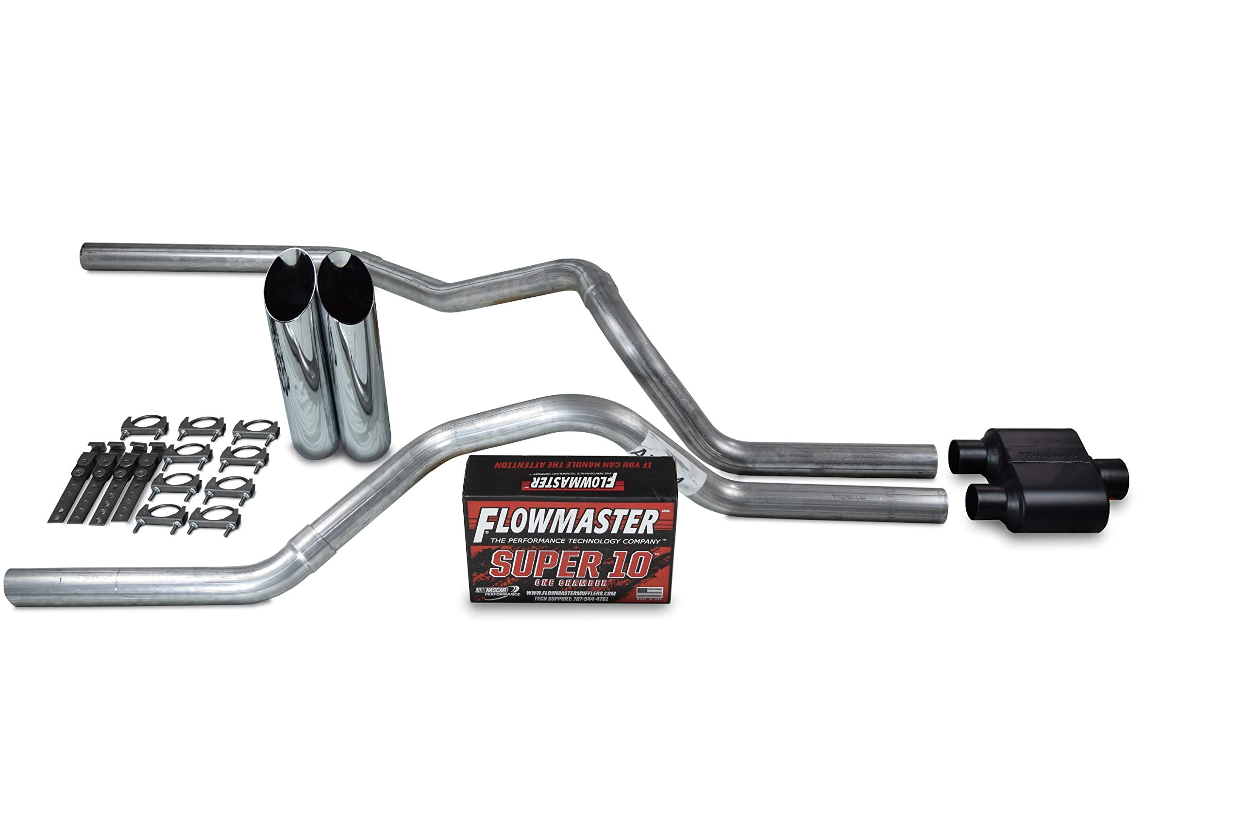 Truck Exhaust Kits - Shop Line Dual Exhaust System 2.5' Aluminized Pipe Flowmaster Super 10 Muffler 2.5' With Slash Cut Chrome Tips For Silverado, Sierra, F-Series,& Ram