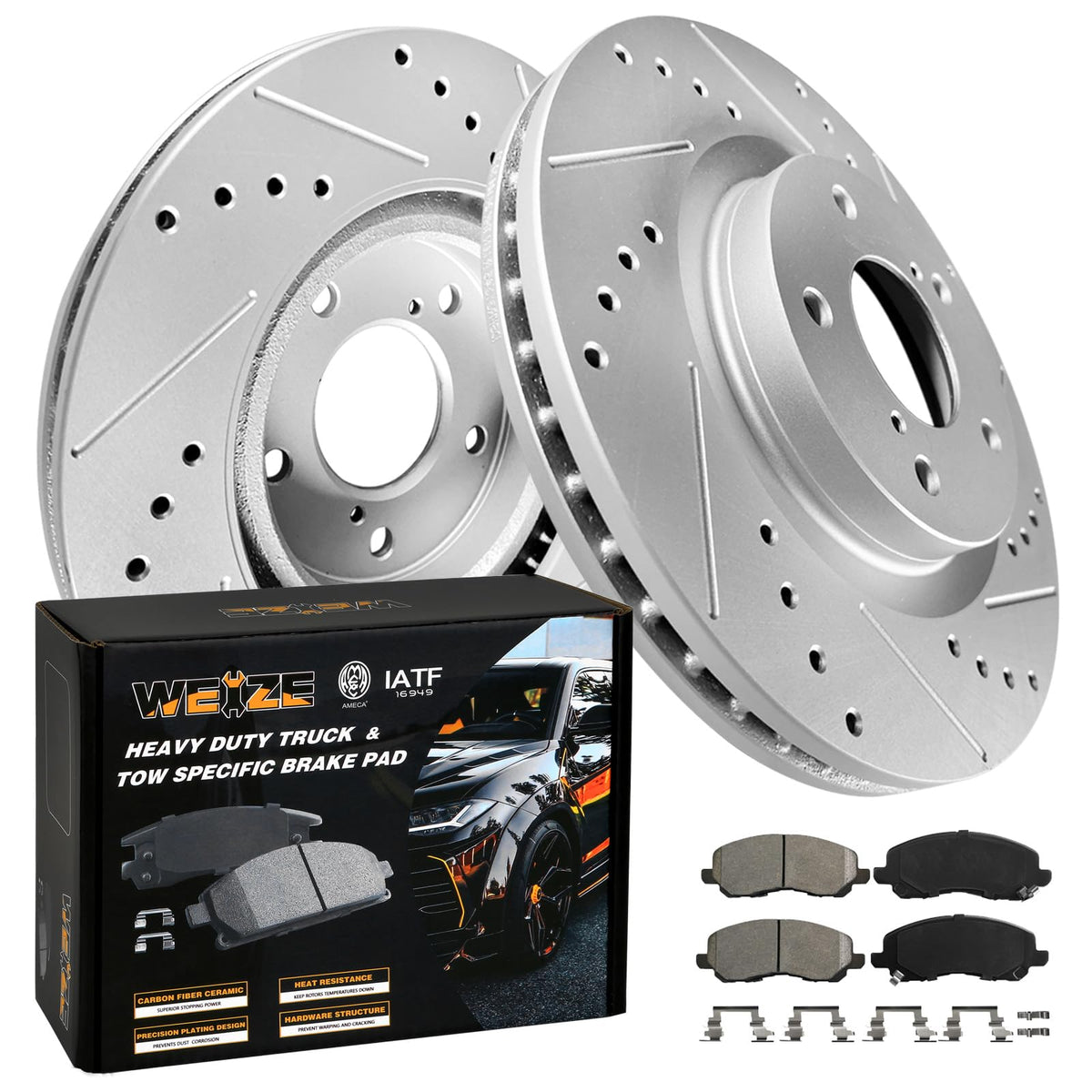 Weize Front Carbon Fiber Ceremic Brake Pad & Drilled Slotted Rotors Kit, Compatible With Jeep Compass/Patriot Dodge Caliber Aven