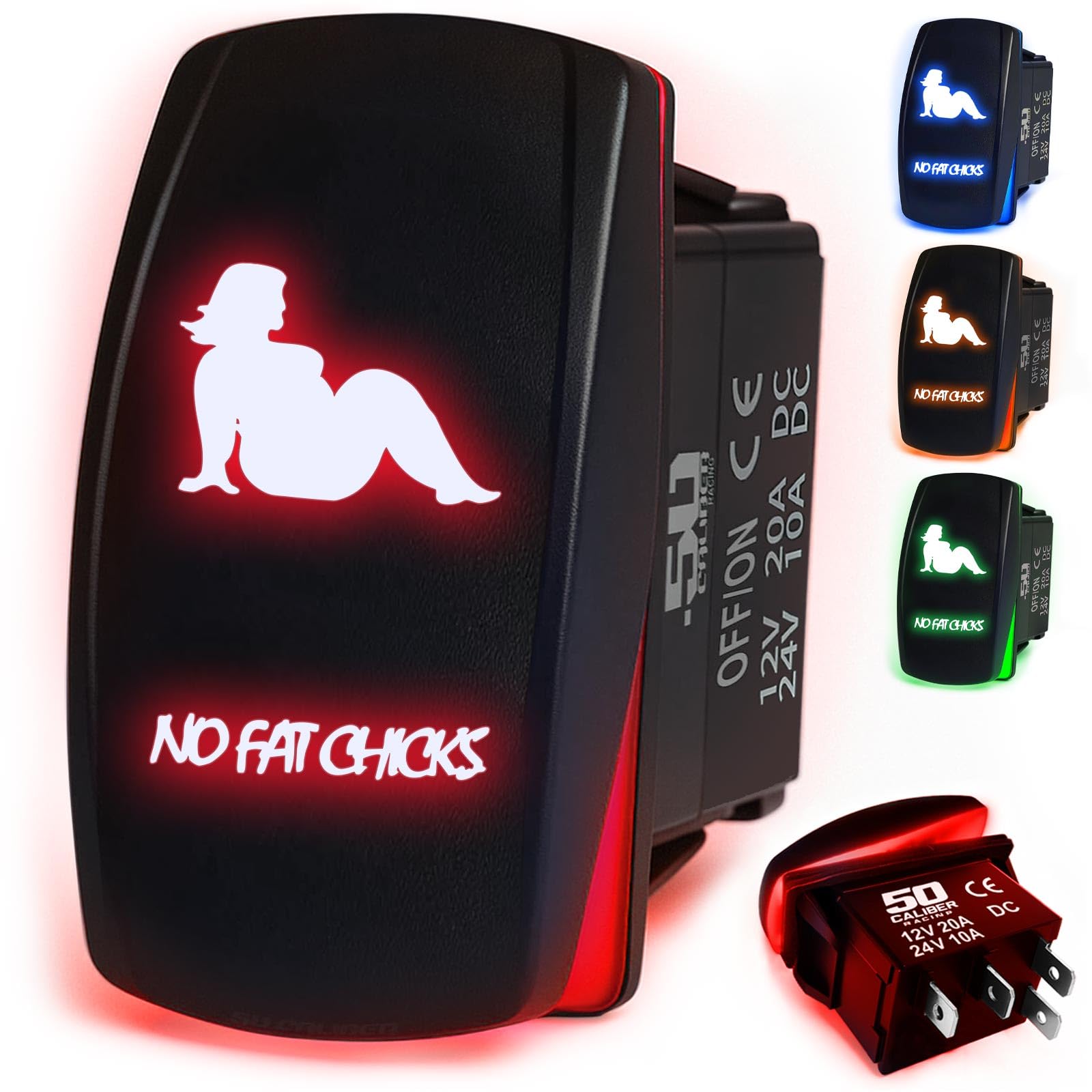 50 Caliber Racing Rocker Switch On/Off Led Backlit -No Fat Chicks- Utv, Auto, Boat 20A 12V (5359A12 Red)