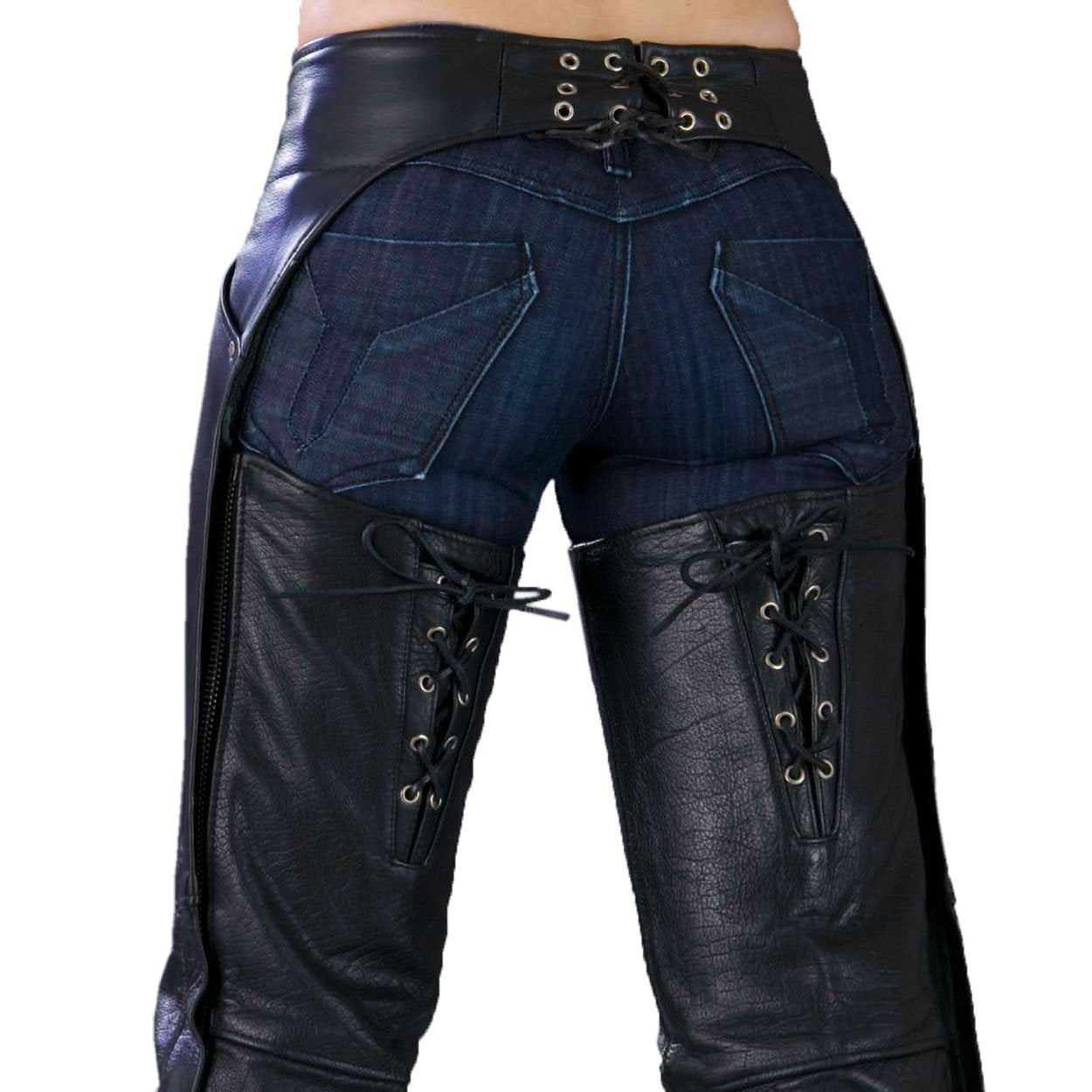 Ladies Biker Chaps With Laces On The Back  (X-Small) Black