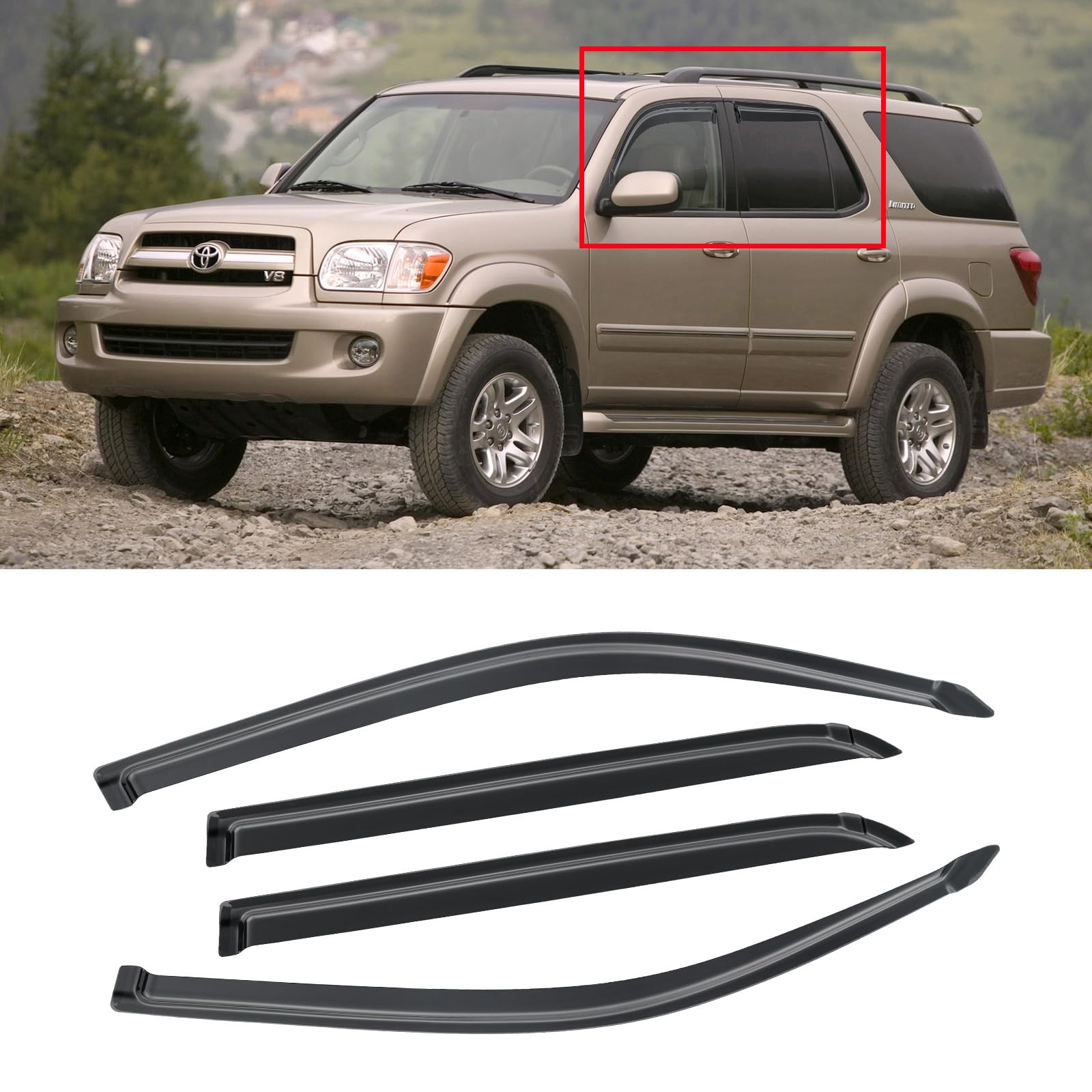 Window Visor For 2001-2007 Toyota Sequoia, Out-Channel Rain Guards Shields Vent Shade Deflector Wind Dark Smoke Ventshade Ventvi