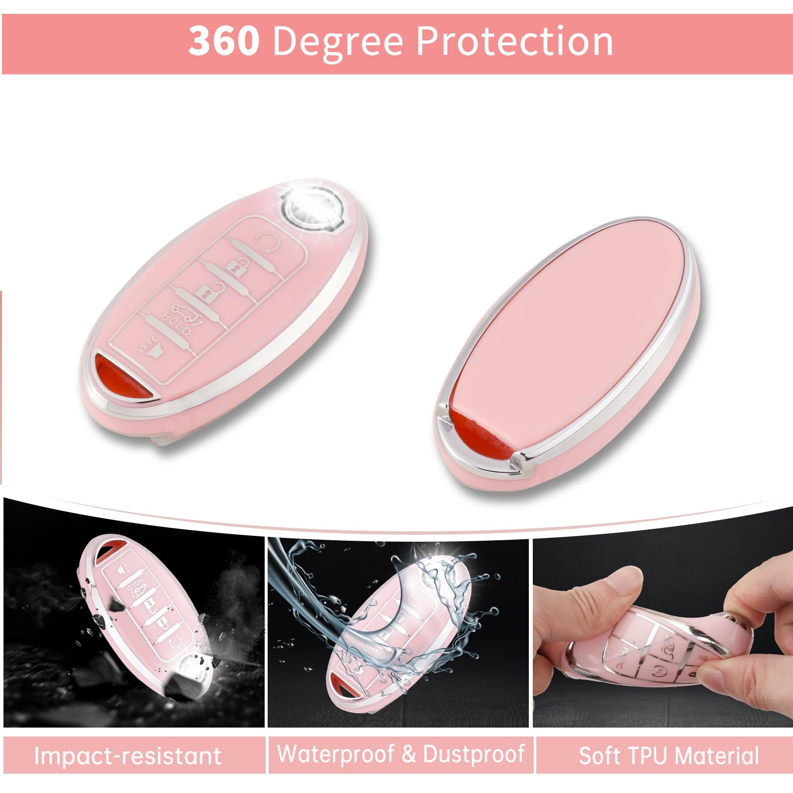 Pangpai Pink Car Accessories 3 Pcs for 5 Buttons Nissan Key Fob Cover with Bling Keychain Cute Push to Start Button Cover