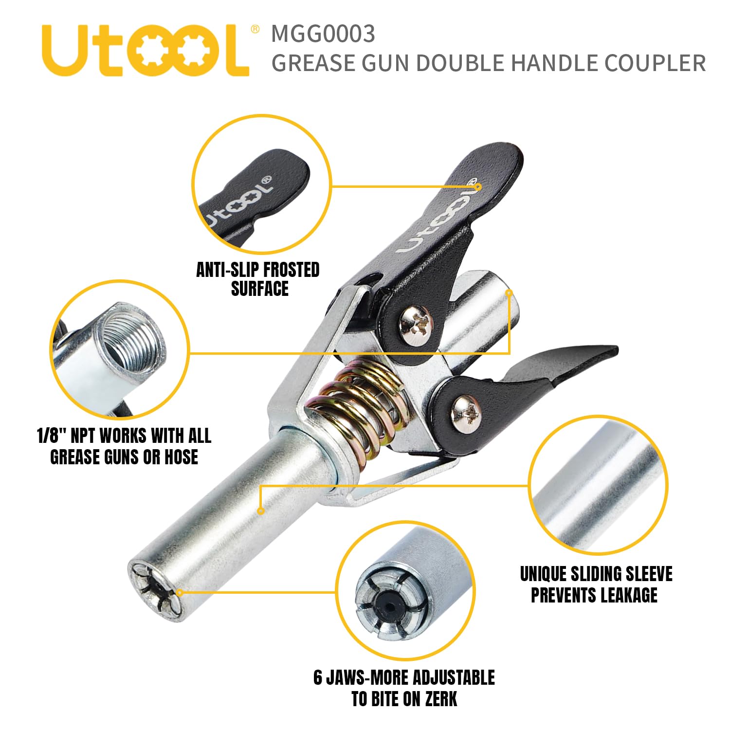 Utool Grease Gun Accessory Kit, Double Handle Coupler With Zerk Fitting Cleaner, 1/8 Npt Threads, Easy To Lock Zerk Fittings And Quick Release, Max Working Pressure 10000 Psi, 1 Pc