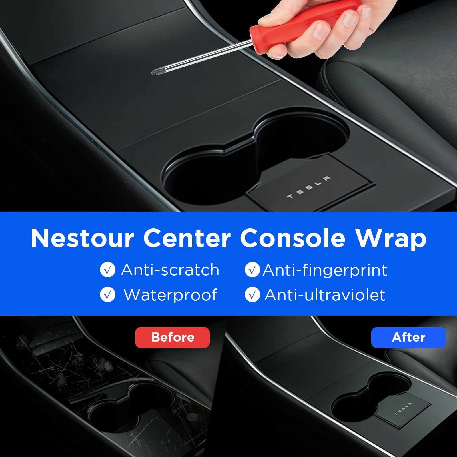 Nestour 2016-2020 Tesla Model 3 Model Y Center Console Wrap Cover Kit, Non-Trace Remove Center Console Protector Accessories, Premium Abs Material. (Matte Black)