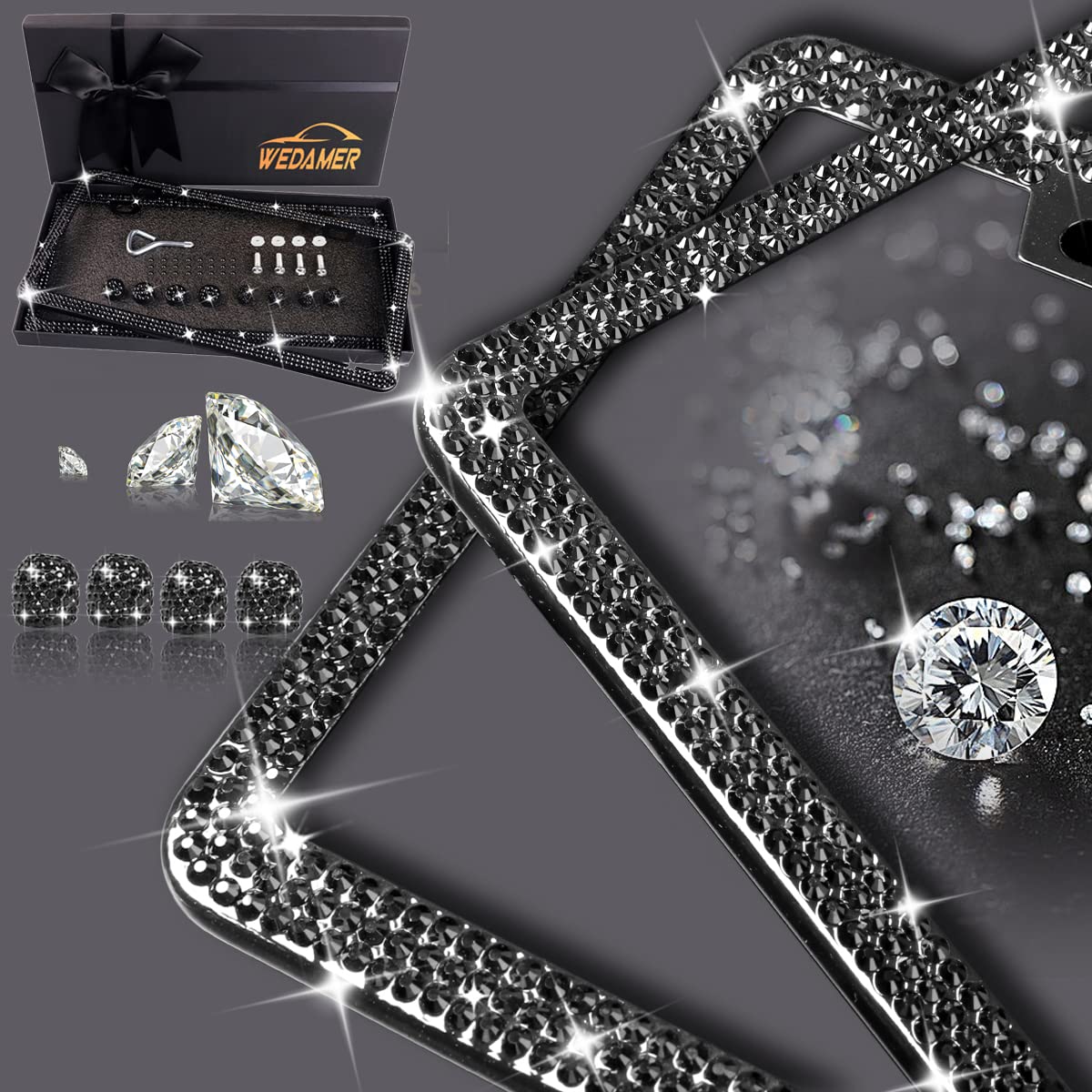 Wedamer 2 Pack Bling License Plate Frames For Women Black Rhinestone License Plate Frame Black Diamond License Plate Frame Sparkly License Plate Frame Glitter Bedazzled License Plate Frame Gifts Women