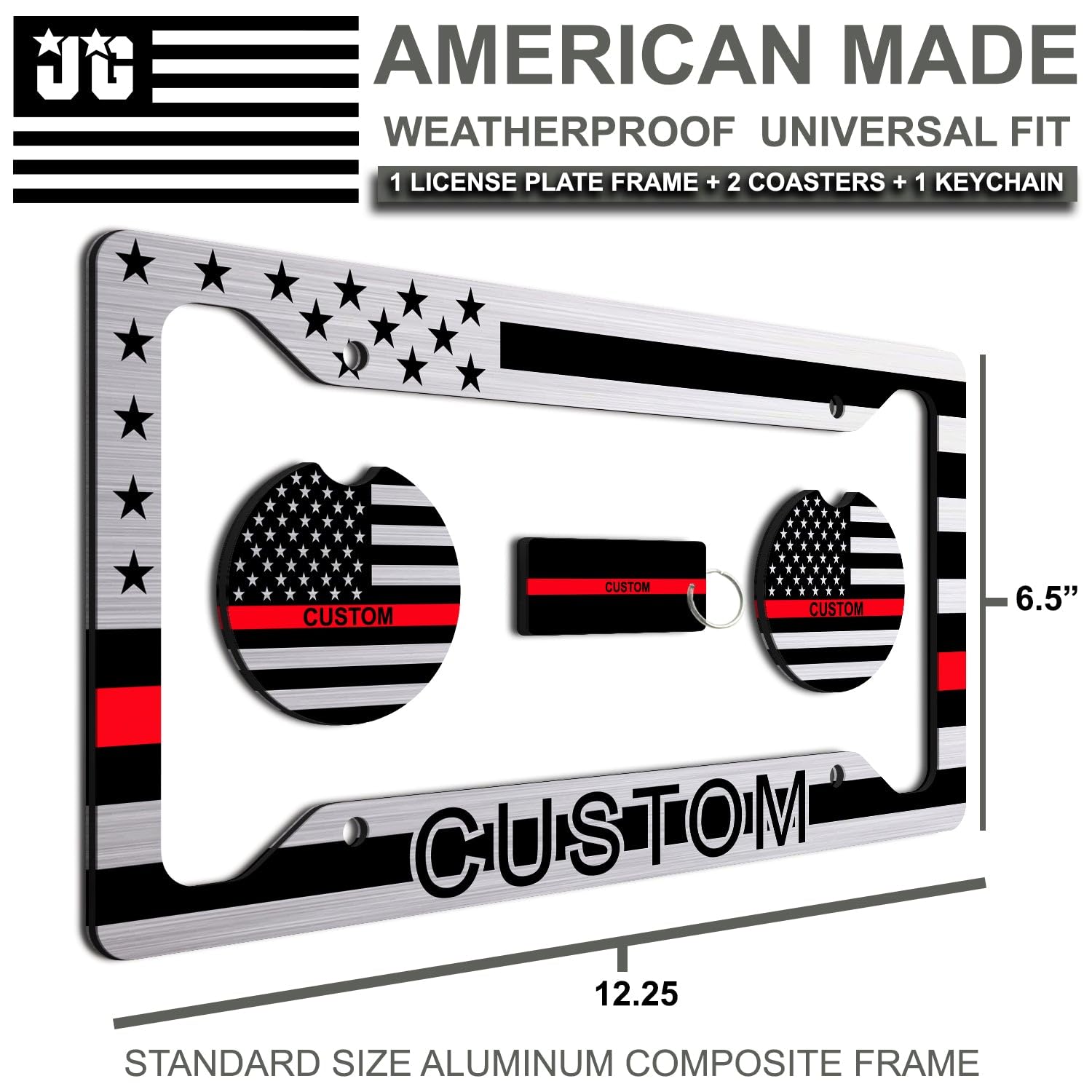 Thin Red Line - Personalized American Flag License Plate Frame + 2 Coasters And A Keychain