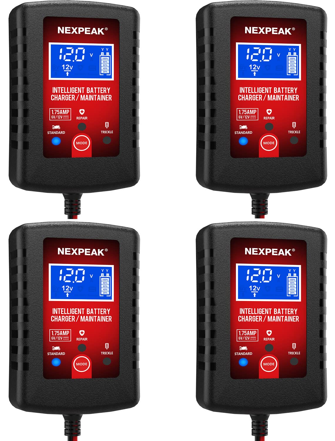 [4-Pack]1.75-Amp Car Battery Charger, 6V and 12V Smart Fully Automatic Battery Charger Maintainer, Trickle Charger, Battery Desu